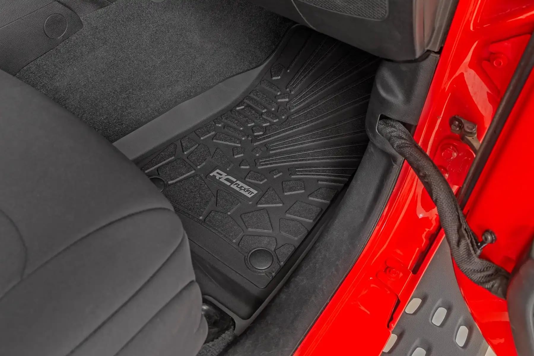 Flex-Fit Rough Country Floor Mats for Jeep Gladiator JT (2020-2025) - Front & Rear Set, Custom All-Weather Non-Slip TPE Liners w/Spill Saver Lip