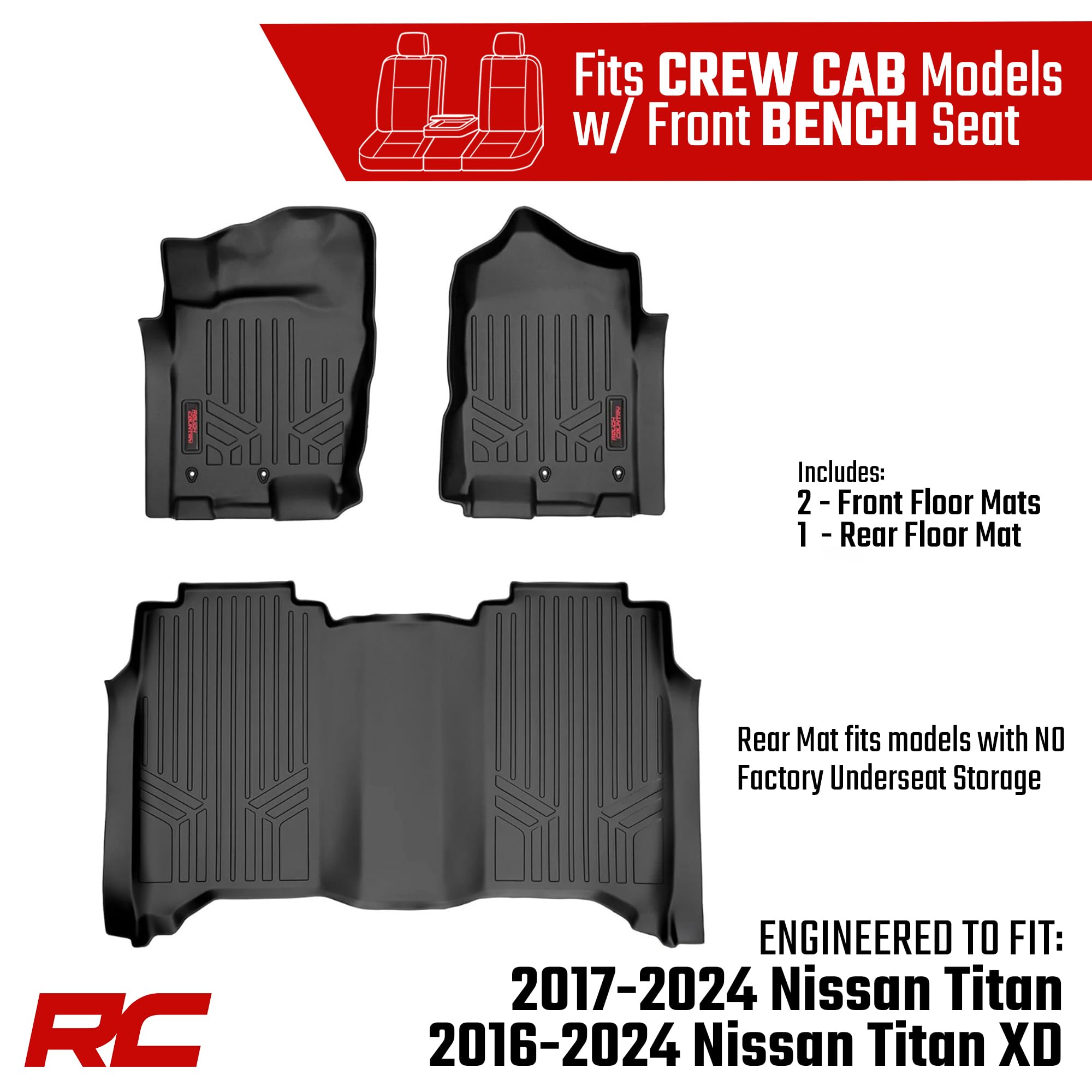Rough Country Floor Armor Front & Rear Floor Mats for Titan Nissan (2017–2024) & Titan XD (2016–2024) Crew Cab w/Front Bench Seats - All-Weather Protection, Spill Saver Lip