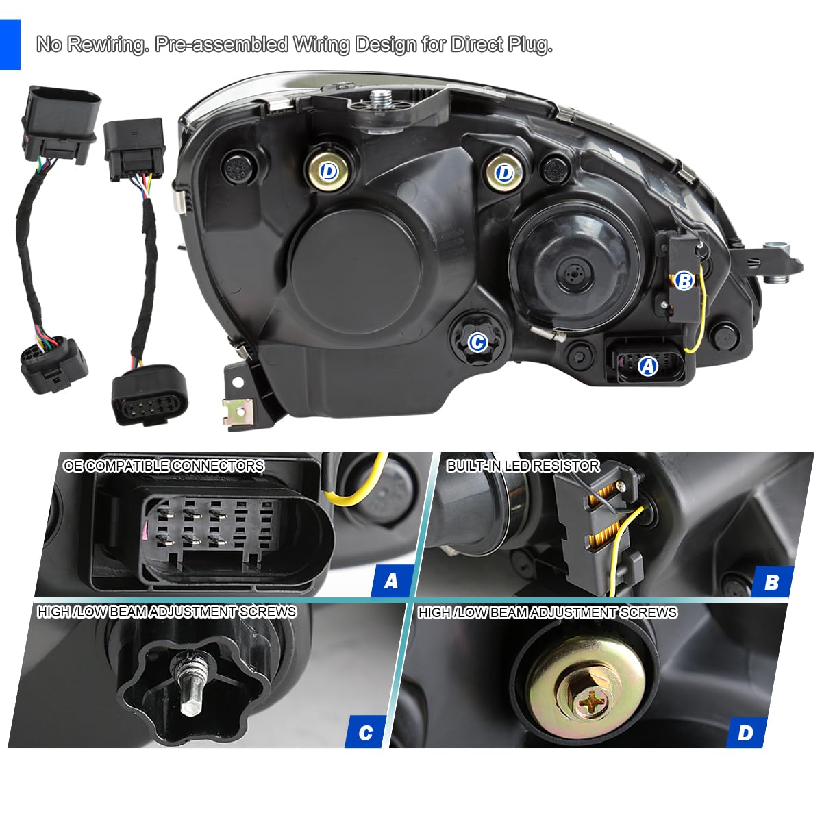 Full LED Projector Headlights SPEC-D TUNING w/Sequential Turn Signal Compatible with 2008-2011 Mercedes Benz W204 C-Class, Left + Right Pair Headlamps Assembly