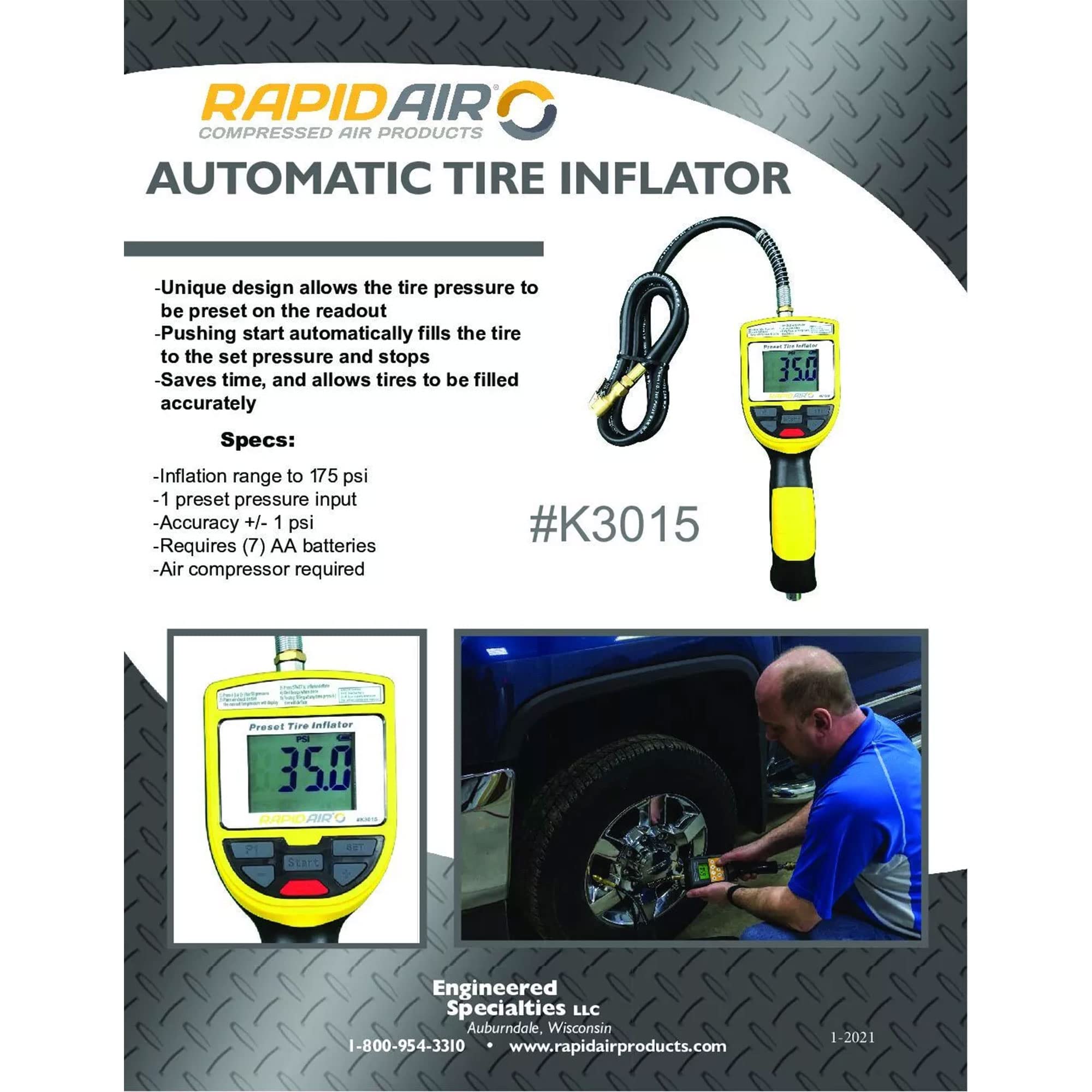 Rapidair Automatic Tire Inflator 175 PSI Rapid Air K3015 Pressure Preset Digital Display