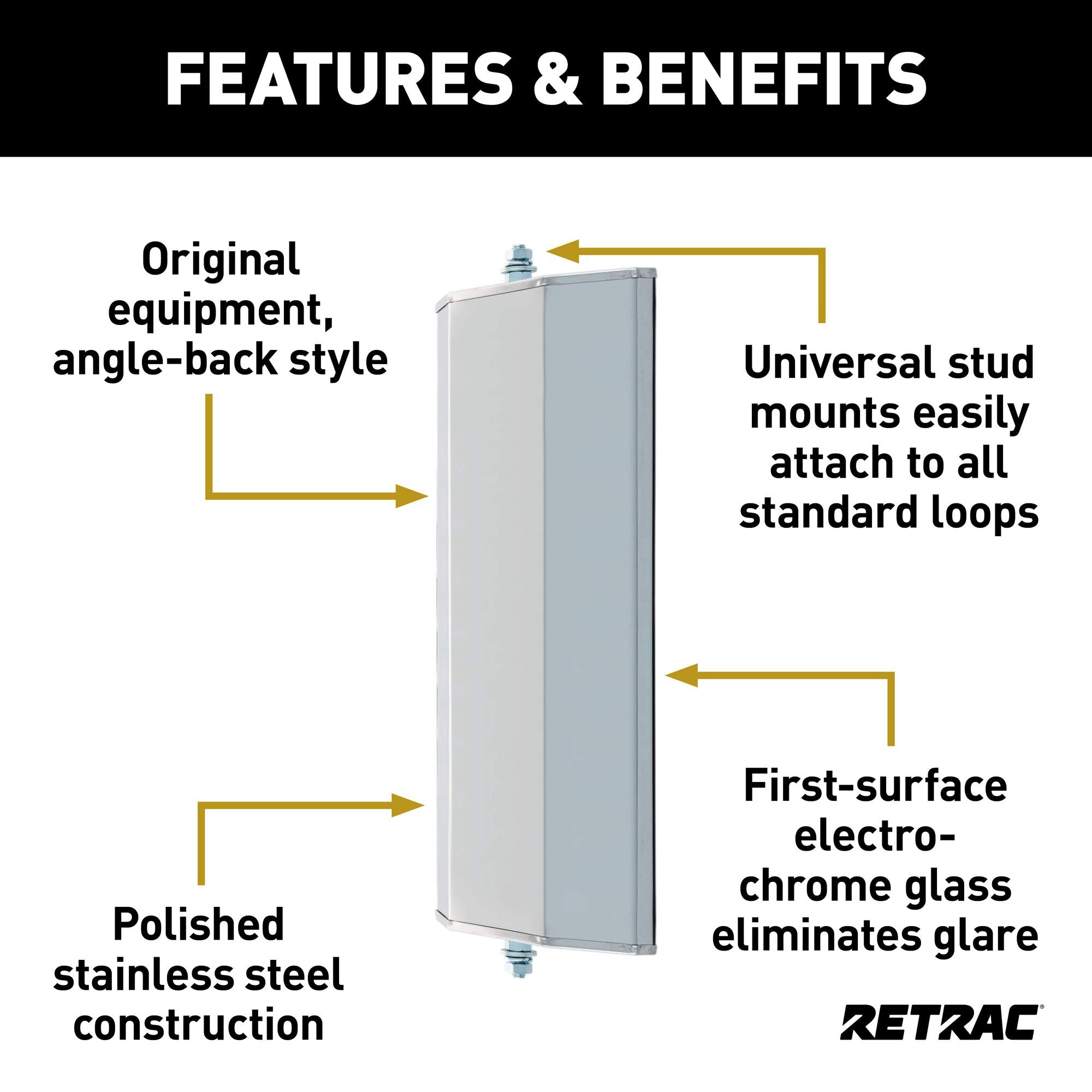 610301 RETRAC 7 x 16-Inch Stainless Steel Angle-Back West Coast Mirror Head, Universal Driver or Passenger Side