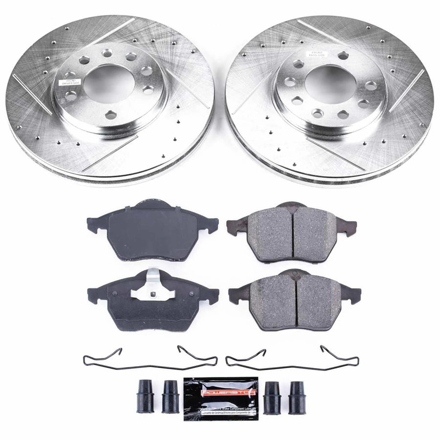 Power Stop K832 Front Brake Pads Z23 Carbon Fiber with Drilled & Slotted Brake Rotors Kit For Saab 900 1997-1998 [Model Specific]