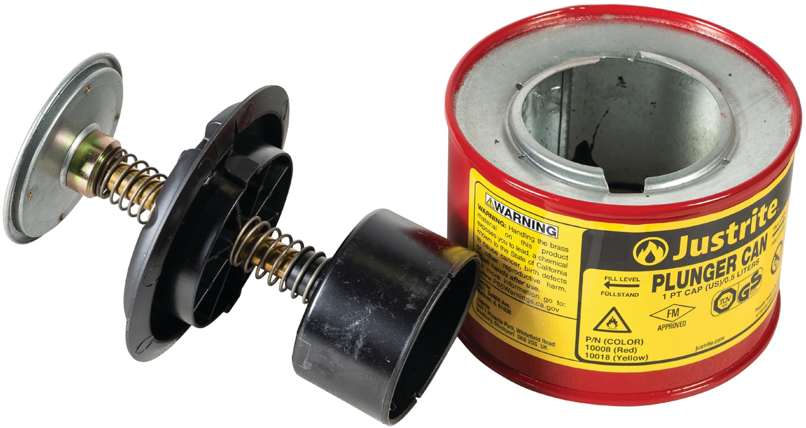 1 Pint Justrite Plunger Can for Solvents, 5.25" x 4.9" Steel Push-Down Solvent Dispenser Can, Made in the USA Industrial Mechanic Tools, Red, 10008