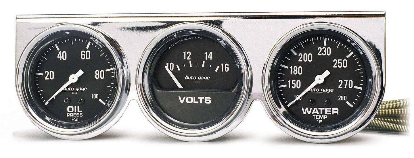 AUTO METER Autogage 2399 Black Oil/Water/Volt Gauge with Chrome Console,2.625 in.