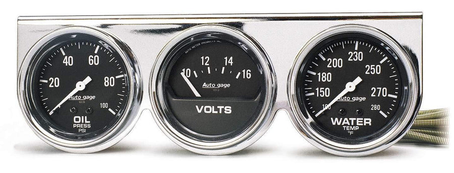 AUTO METER Autogage 2399 Black Oil/Water/Volt Gauge with Chrome Console,2.625 in.
