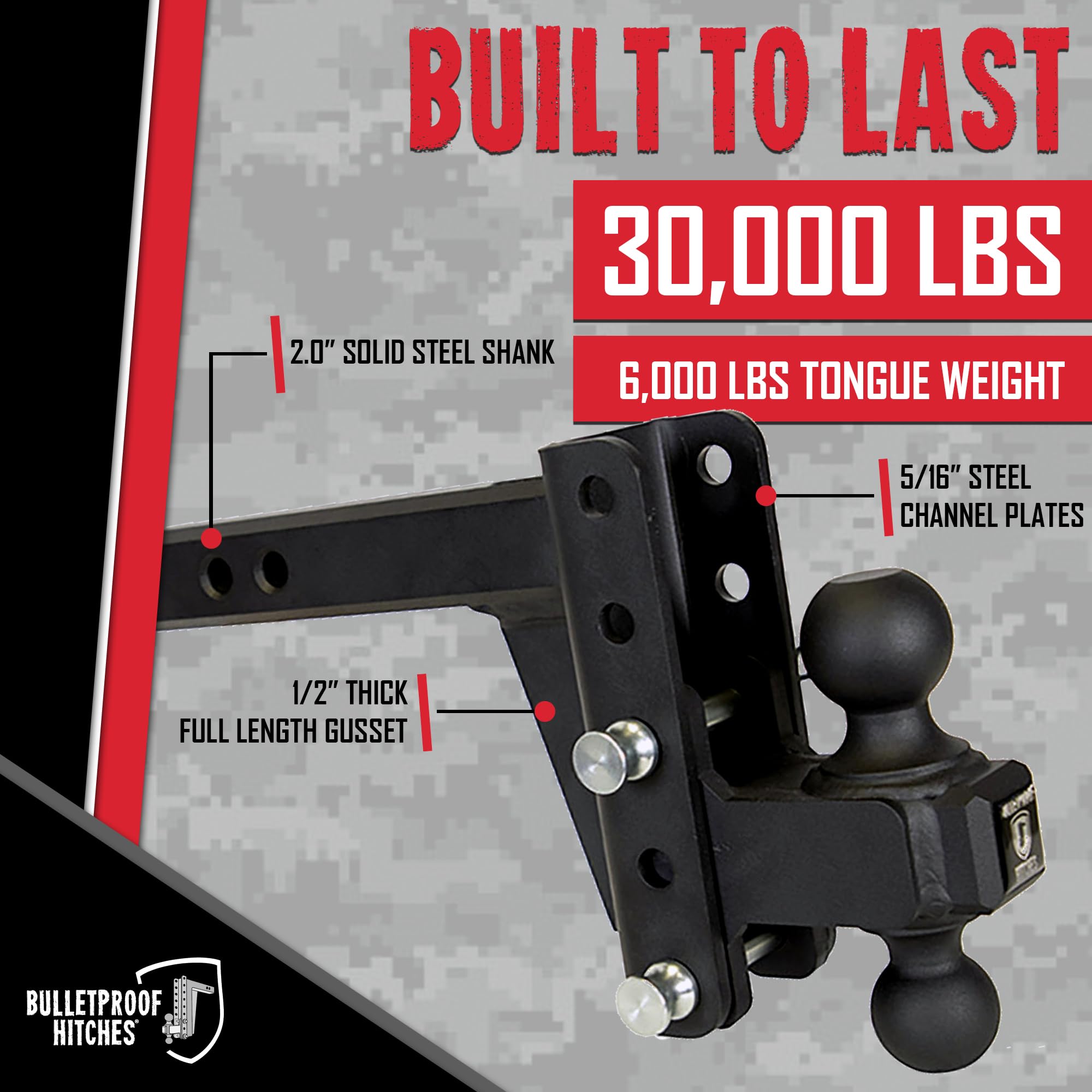2.0" BulletProof Hitches Adjustable Extreme Duty Trailer Hitch (30,000 lb. Rating) - 4" Drop/Rise with 2" and 2 5/16" Dual Ball - Powder Coat, Solid Steel, Corrosion-Resistant