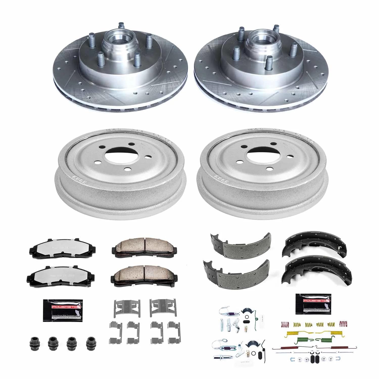 Power Stop Brake Kit Front and Rear For 1998 1999 2000 2001 2002 Ford Ranger - Truck & Tow Carbon Fiber Ceramic Pads, Drums, & Drilled and Slotted Rotors Replacement, K15007DK-36