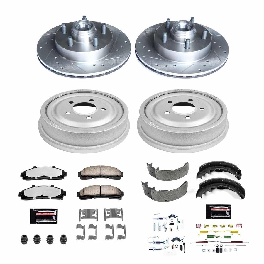 Power Stop Brake Kit Front and Rear For 1998 1999 2000 2001 2002 Ford Ranger - Truck & Tow Carbon Fiber Ceramic Pads, Drums, & Drilled and Slotted Rotors Replacement, K15007DK-36