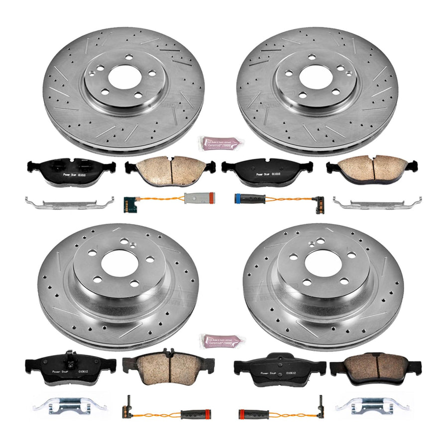 Power Stop K4517 Z23 Carbon Fiber Brake Pads Front and Rear with Drilled & Slotted Brake Rotors Kit and 2 Front & 2 Rear Sensor Wires For Mercedes-Benz E500 2004-2005 [Model Specific]