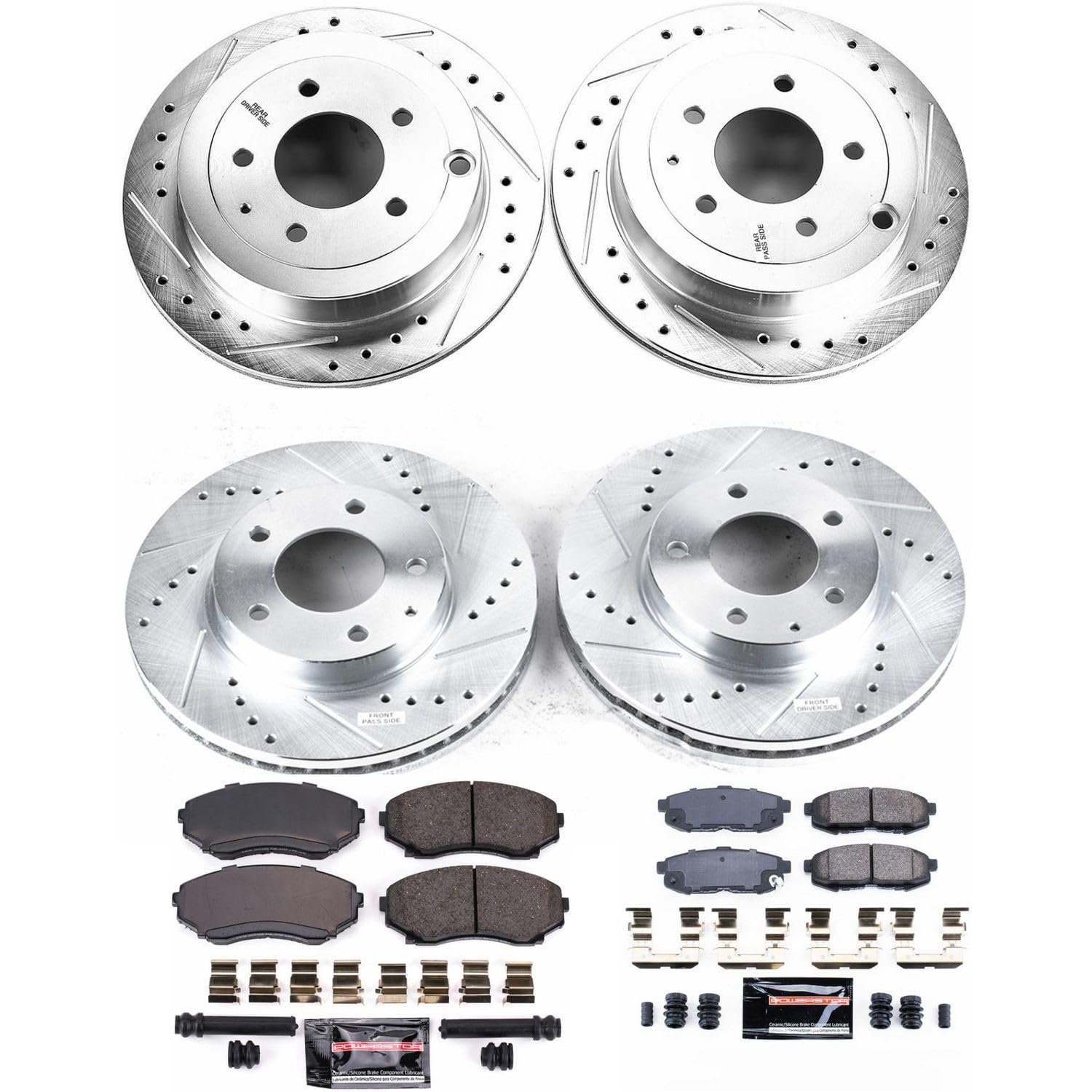 Power Stop K4041 Z23 Carbon Fiber Brake Pads Front and Rear with Drilled & Slotted Brake Rotors Kit For Mazda MPV 2004-2006 [Model Specific]