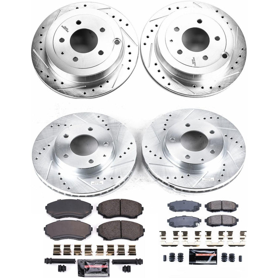 Power Stop K4041 Z23 Carbon Fiber Brake Pads Front and Rear with Drilled & Slotted Brake Rotors Kit For Mazda MPV 2004-2006 [Model Specific]