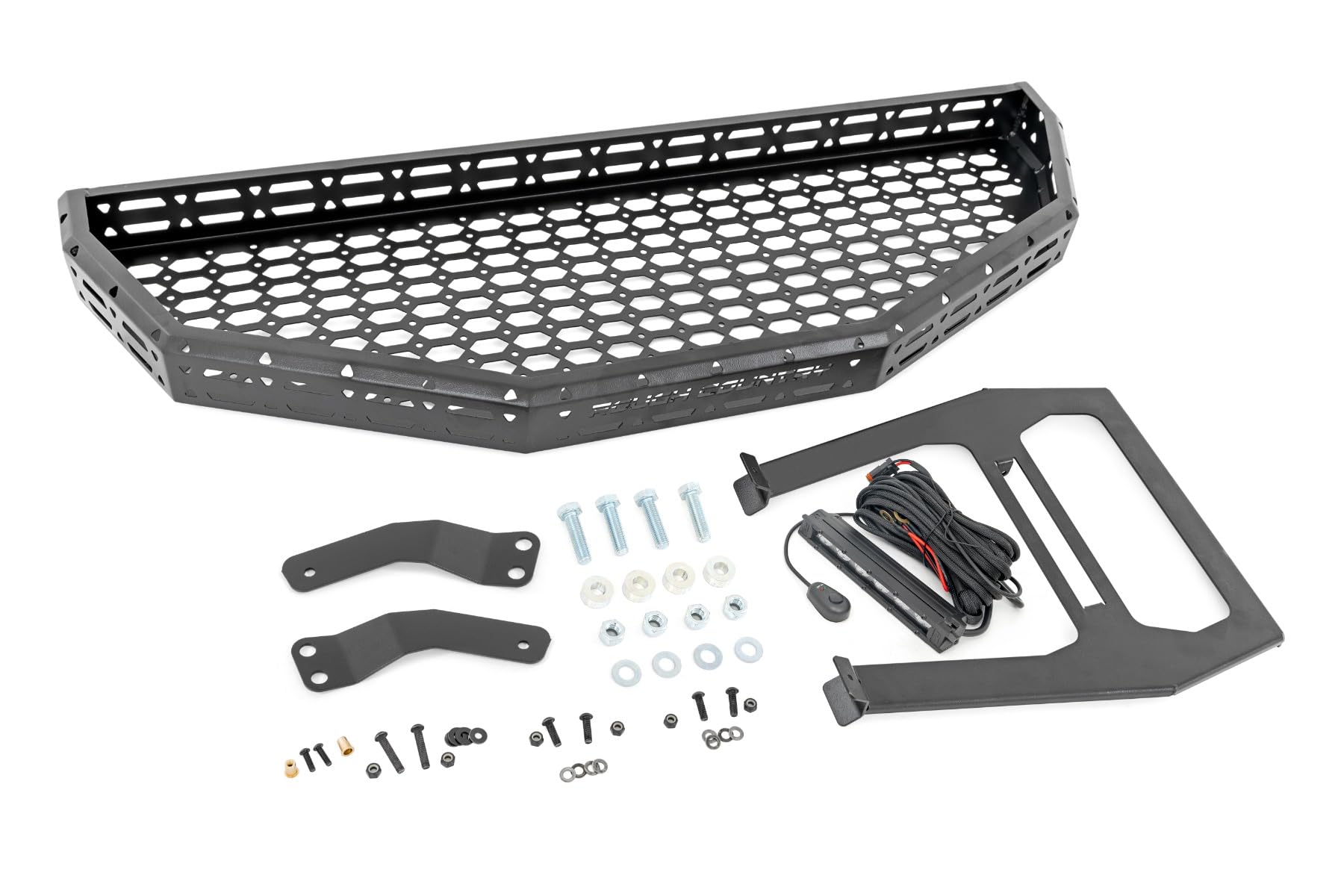 Front Cargo Rack Kit Rough Country for Honda Pioneer 1000 - Trail-Ready Design with 6" Slimline LED Light Bar & Mesh Tie-Down Panels
