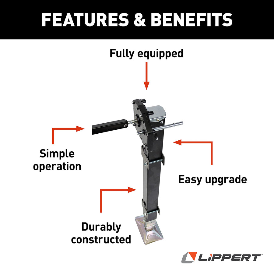 Lippert Universal-Mount Replacement Manual 5th Wheel Landing Gear Kit - 6,000-Pound Capacity, 21" Stroke, Includes Legs, Foot Pads, Pins, Gears, Mounting Brackets, Crank Handle - 333966