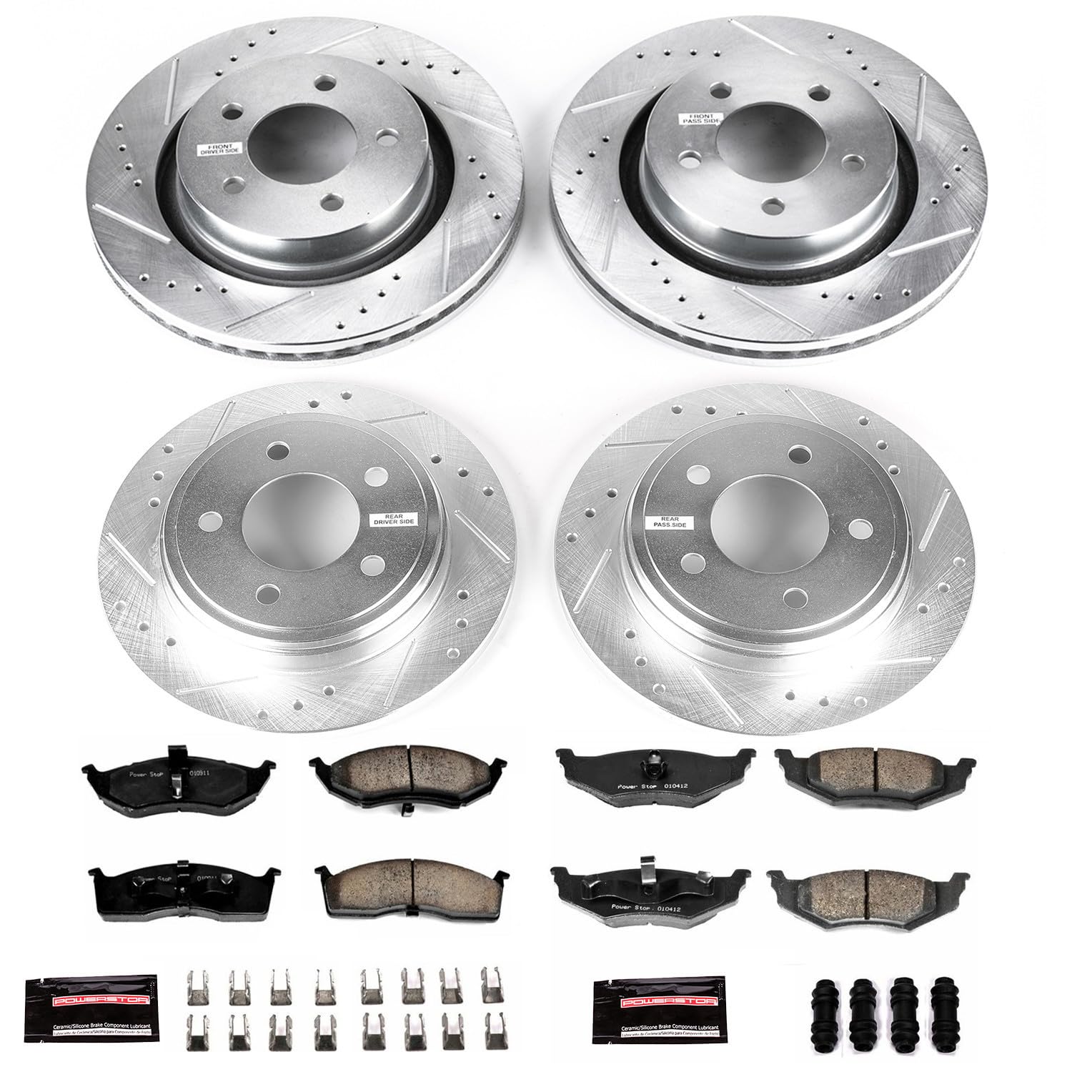 Power Stop K1701 Z23 Carbon Fiber Brake Pads Front and Rear with Drilled & Slotted Brake Rotors Kit For Chrysler 300M 1999-2002, Chrysler LHS 2001 [Model Specific]