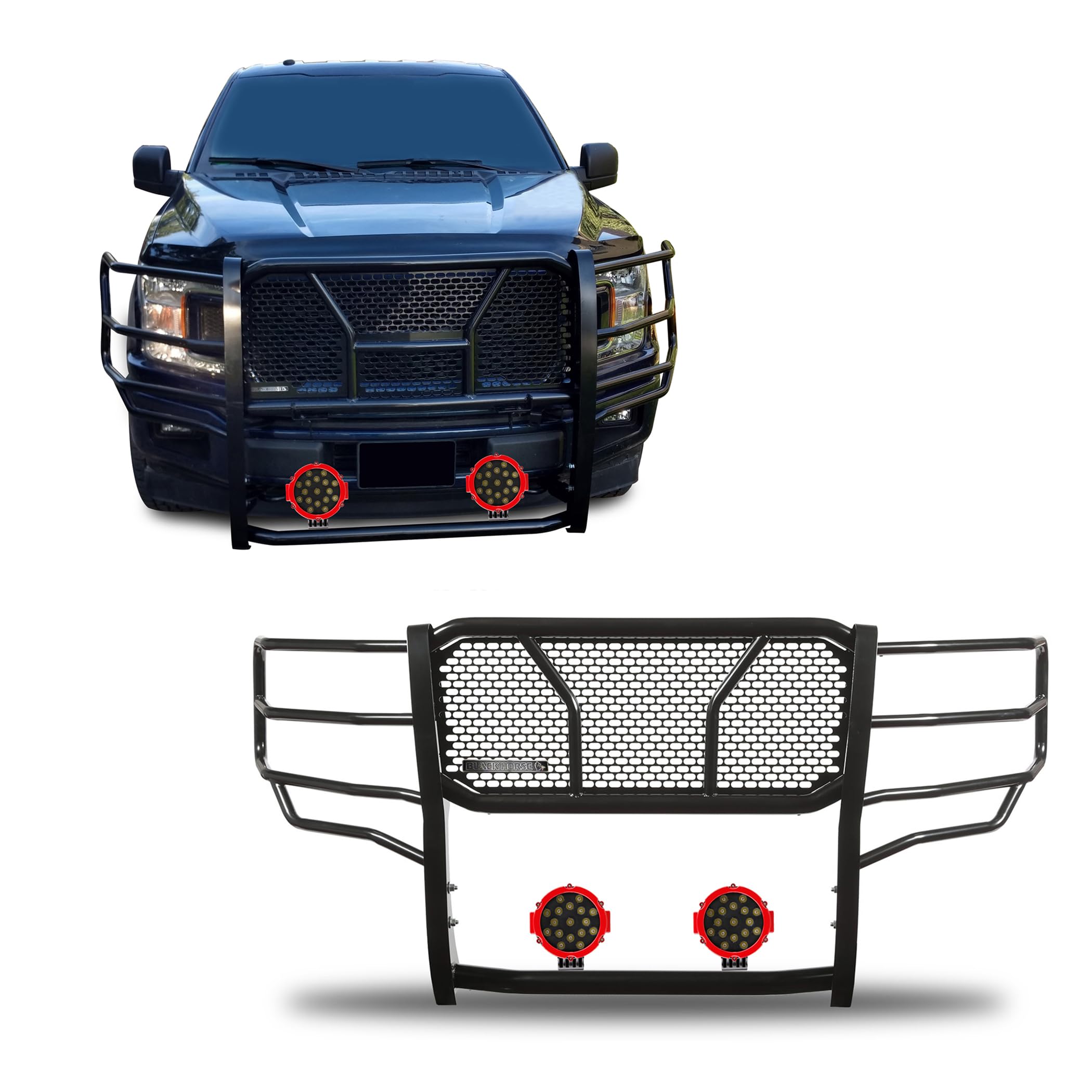 Heavy Duty Black Horse Rugged Grille Brush Bumper Guard Modular Black Come with Pair of 7.0" Dia.LED Lights with Red Trim Rings Compatible with 2015-2020 Ford F-150-RU-FOF115-B-PLR