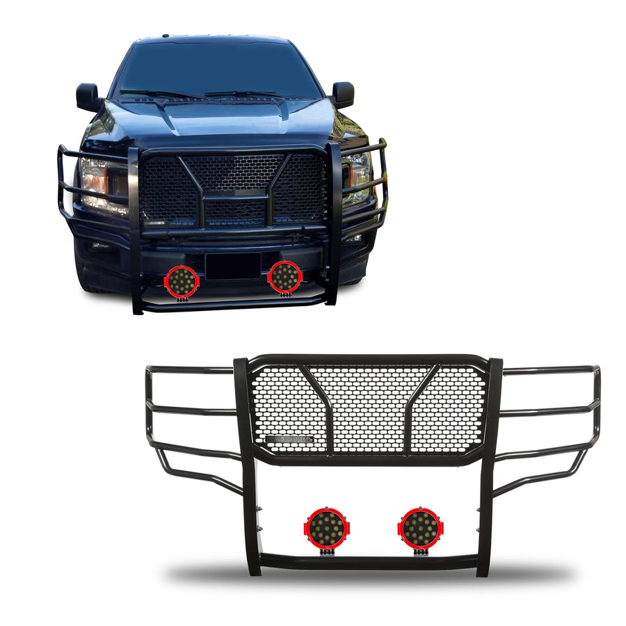 Heavy Duty Black Horse Rugged Grille Brush Bumper Guard Modular Black Come with Pair of 7.0" Dia.LED Lights with Red Trim Rings Compatible with 2015-2020 Ford F-150-RU-FOF115-B-PLR
