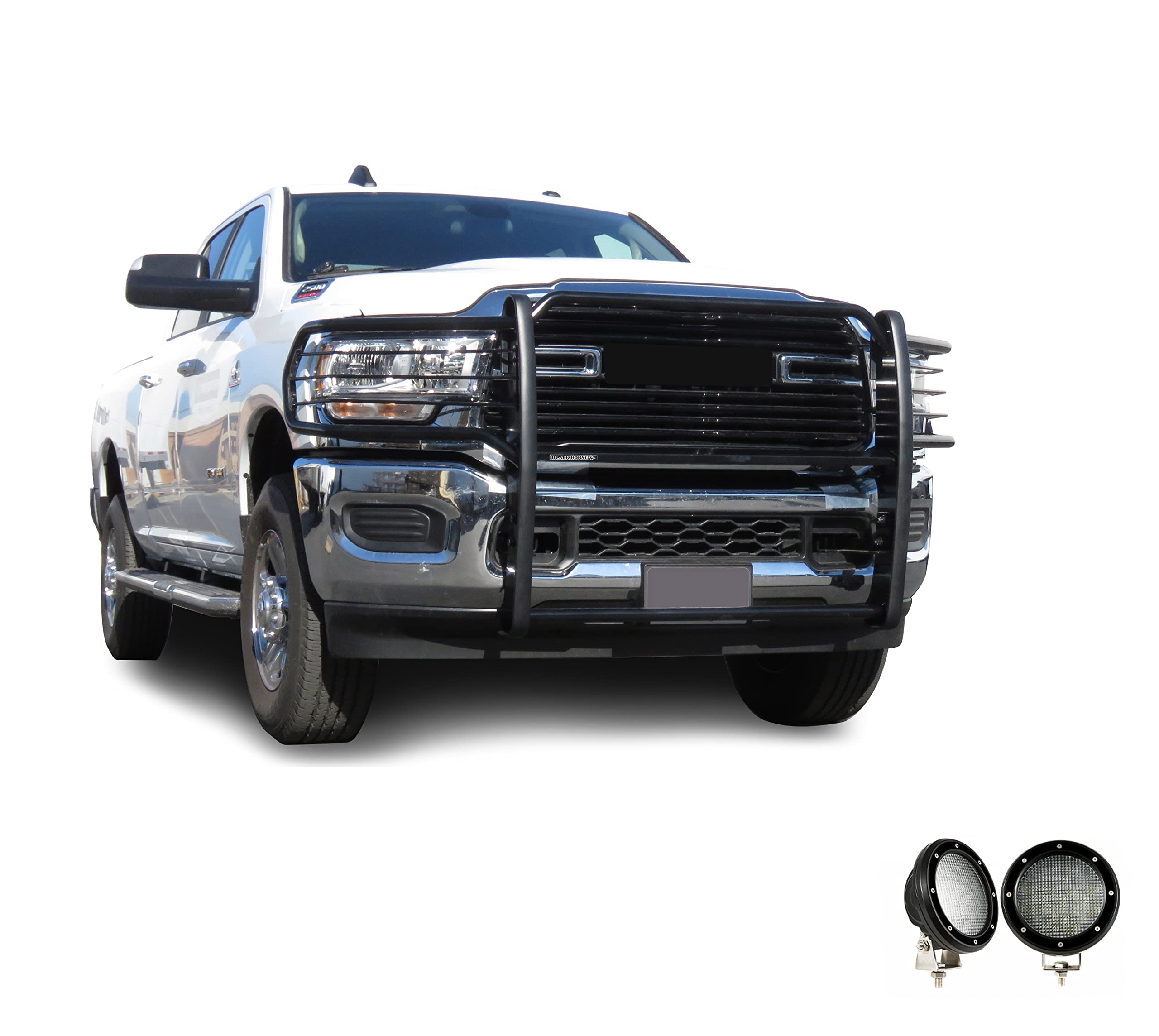Bumper Guard Modular Black Horse Grille brush Come with Pair of 5.3" Dia.LED Lights with Black Trim Rings Compatible with 2019-2024 Ram 2500|2019-2024 Ram 3500-17DG113MA-PLFB