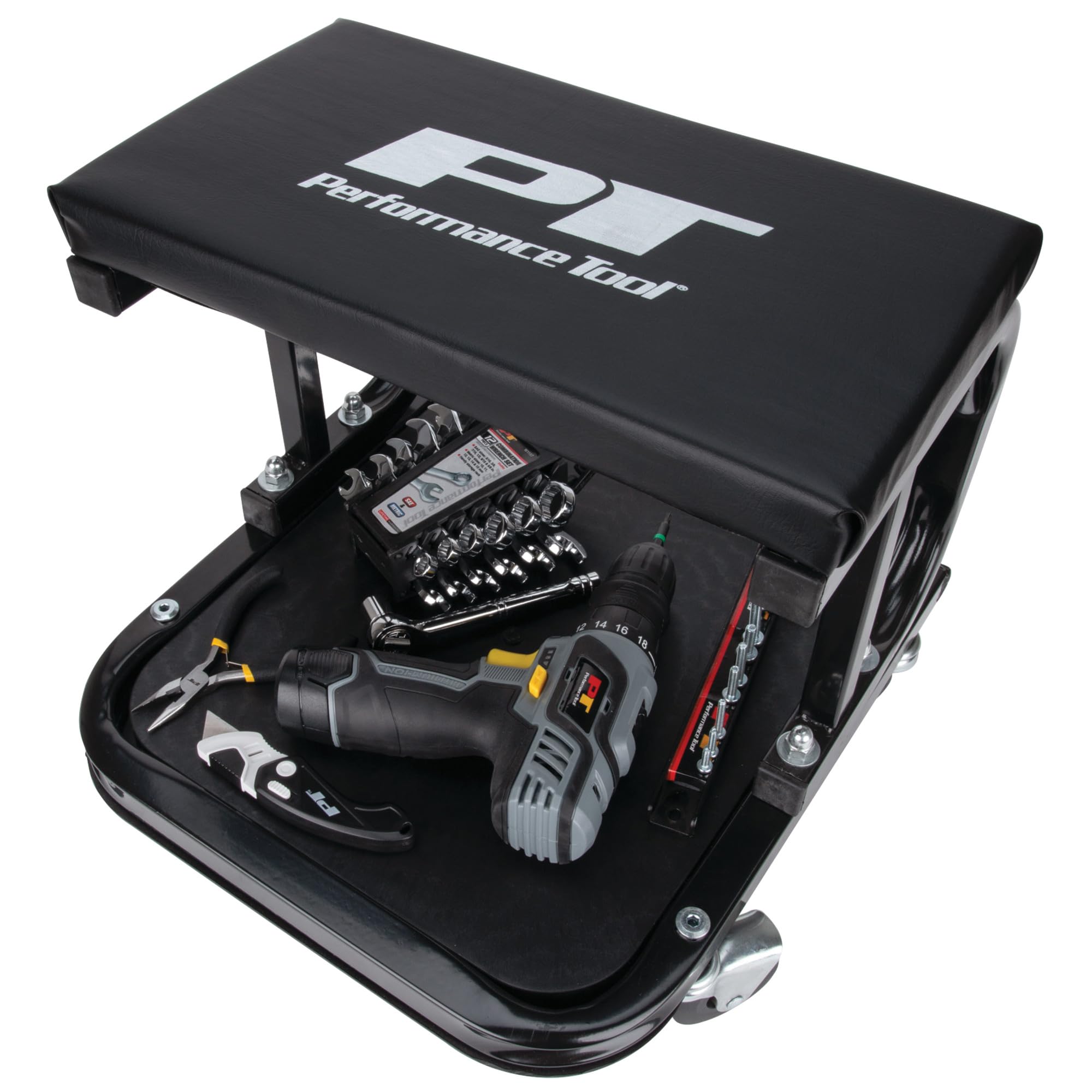 C-Frame Performance Tool W85007 Rolling Work Seat with Tool Tray for Mechanic Garages and Workshops, Black, 11.5 x 12.5-inch Tray