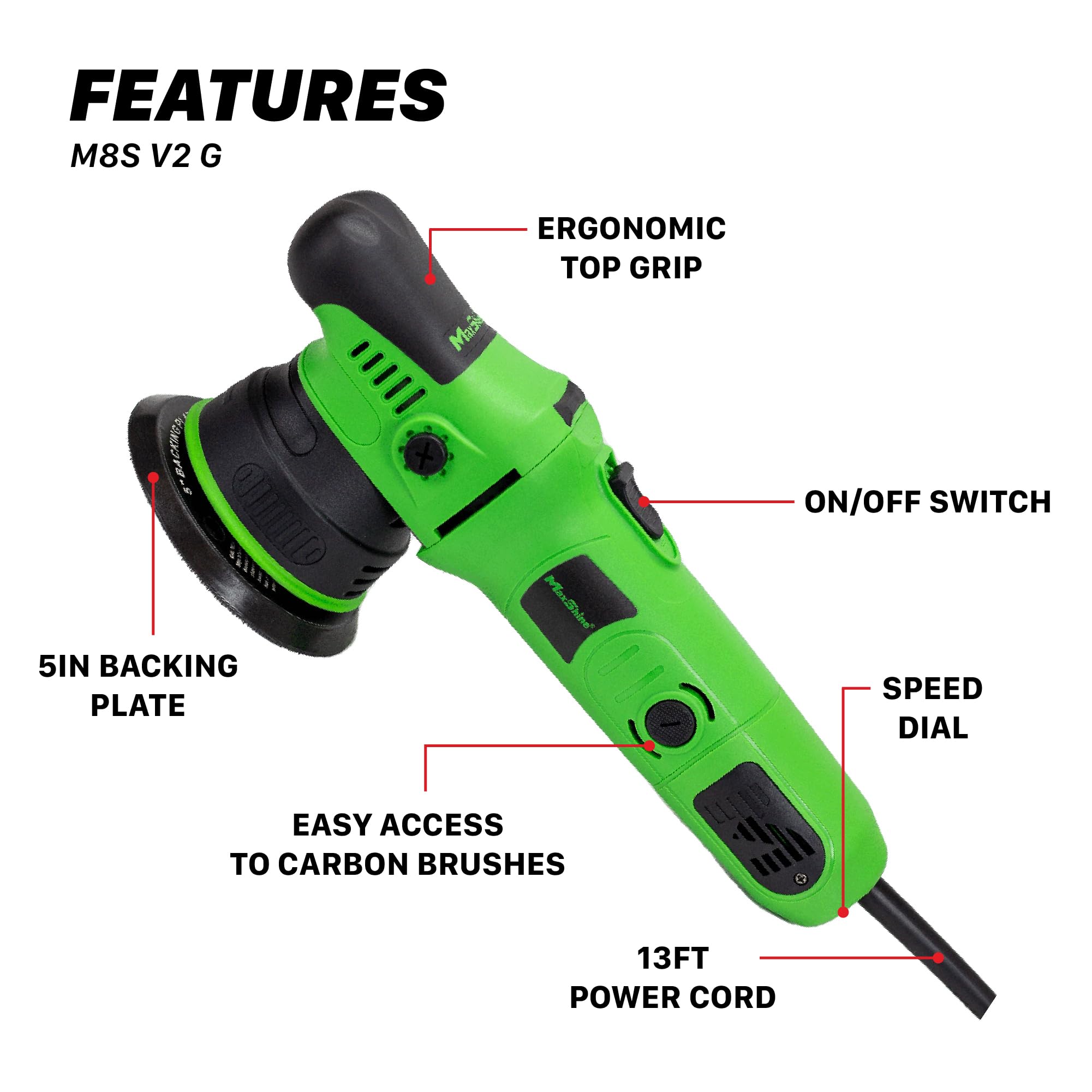 Maxshine M8S V2 G Dual Action Polisher | 5” Plate, 8mm Throw, 1000W Motor, 6-Speed, 6500 RPM | Corded Electric Polisher for Auto, Boat & Marine Detailing, Scratch Removal & Paint Correction