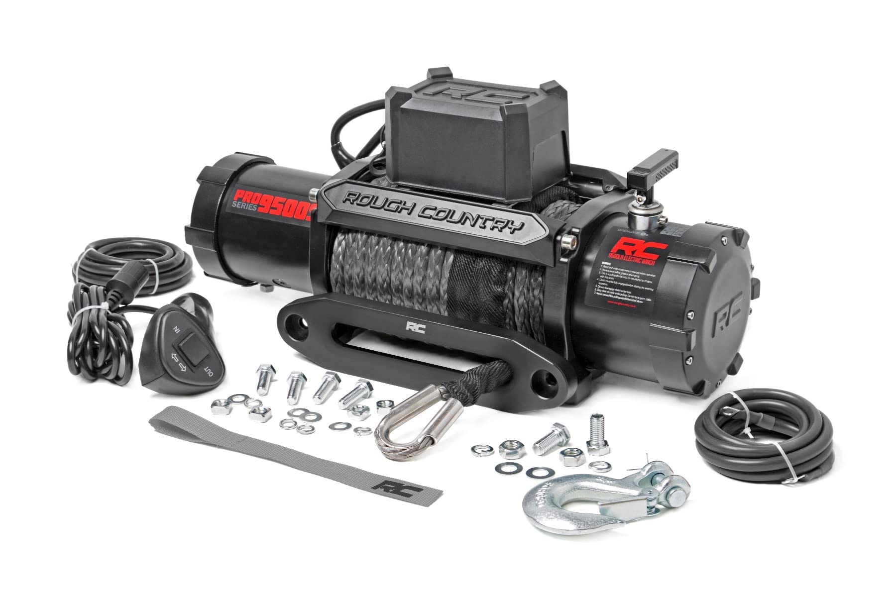 PRO Series Rough Country 9,500LB Winch with Synthetic Rope - 12V Waterproof 5.5HP Electric Winch for Jeeps, Trucks, Off Road Recovery Winch with Remote