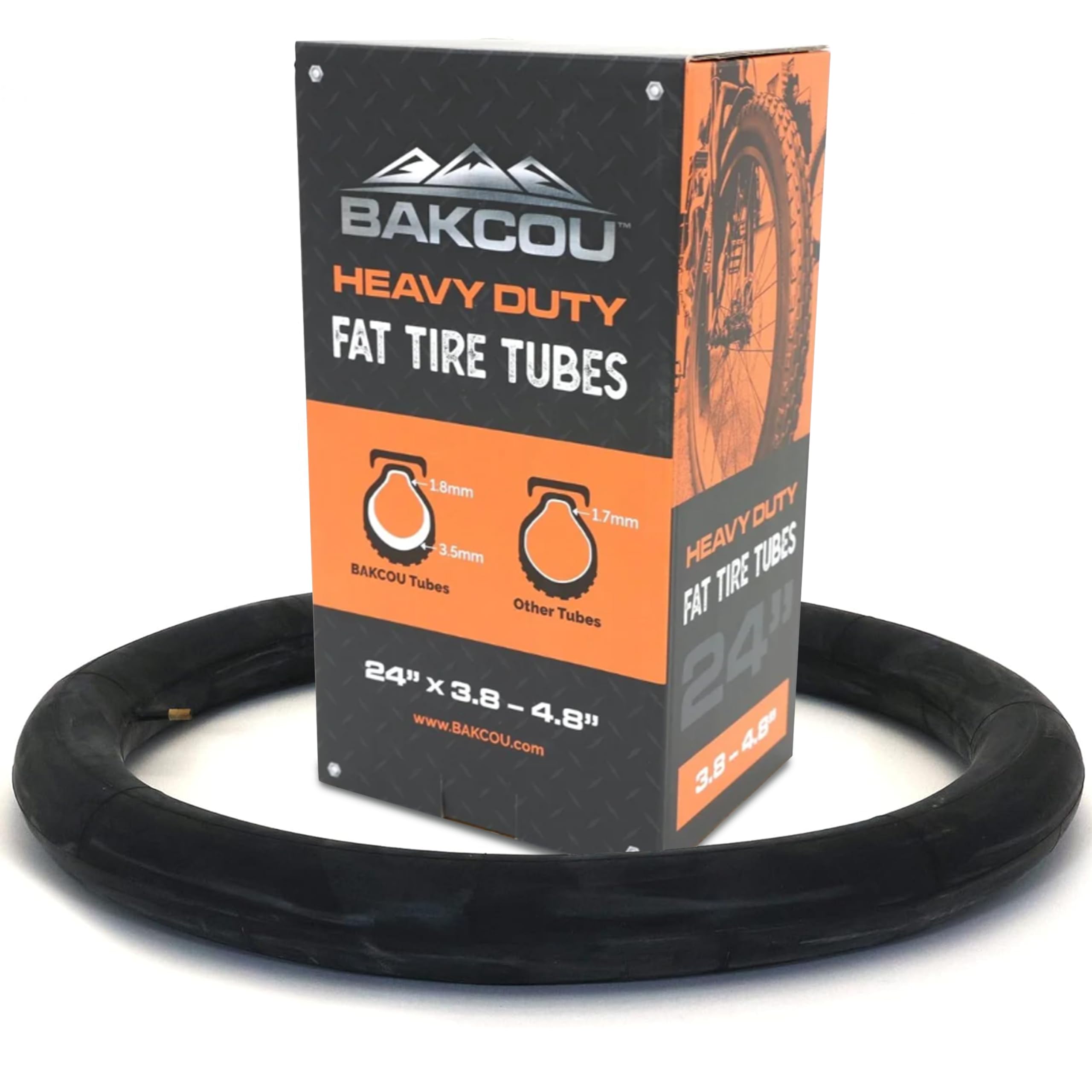 24x4 Bakcou Heavy-Duty Fat Tire Tube - Military-Grade Butyl Rubber, Schrader Valve, 3.5mm Thickness - Compatible with Electric & Mountain Bikes