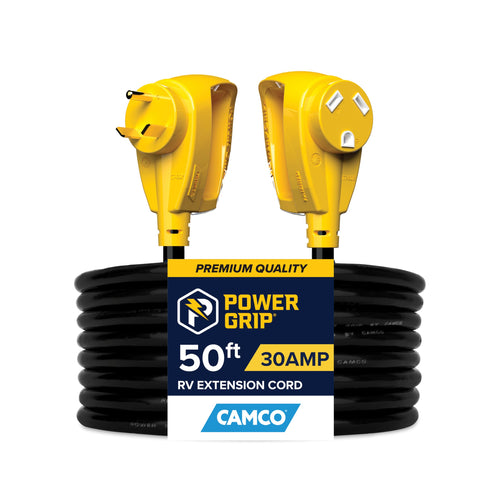 PowerGrip Camco 50-Ft 30-Amp Camper/RV Extension Cord - Standard 30-Amp Male & 30-Amp Female Connectors - Crafted of 10-Gauge Copper Wires w/Heat Resilient PVC Coating - Rated for 125V/3750W (55197)