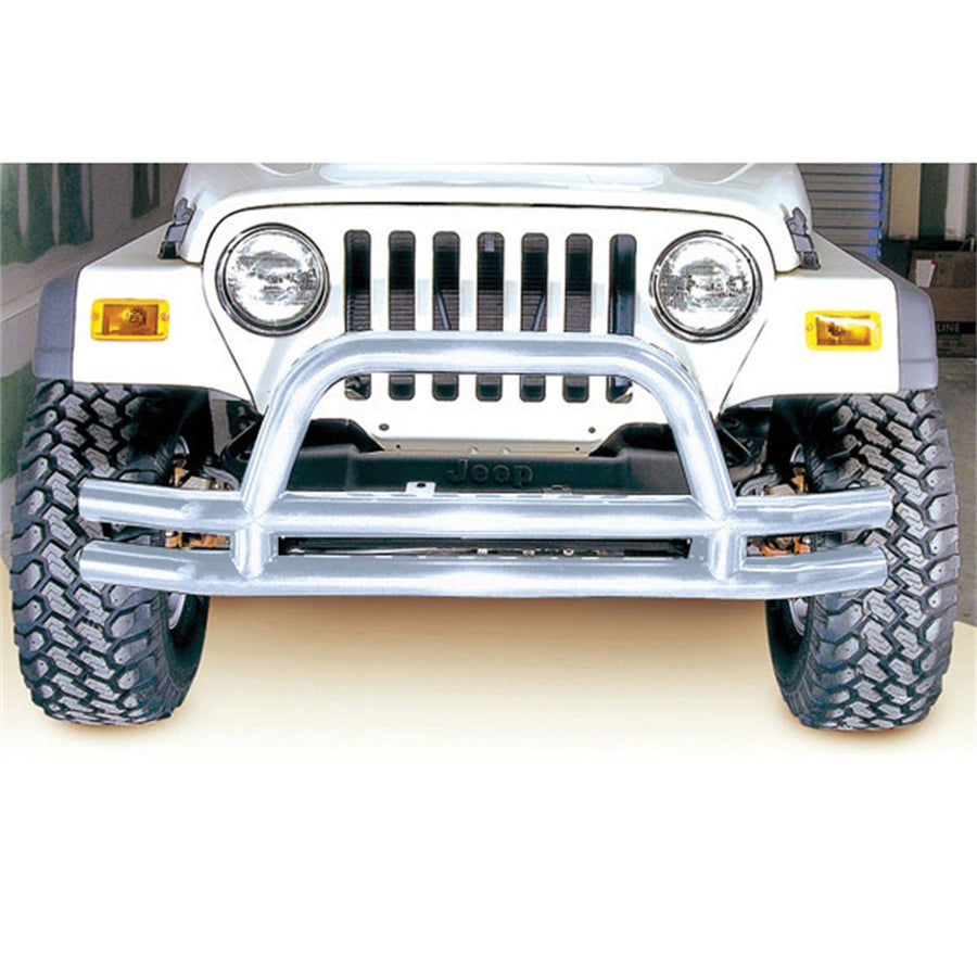 Rugged Ridge Front Dual Tube Bumper | Mid-Width w/Hoop, Stainless Steel | 11563.01 | Fits 1976-1986 Jeep CJ; 1987-2006 Jeep Wrangler YJ/TJ