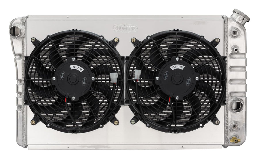 Radiator and Fan Cold Case Radiators, 29 in W x 16.5 in H x 6.75 in D, Dual Fans, Driver Side Inlet, Passenger Side Outlet, Aluminum, Polished, compatible with Chevy Corvette 1984-90, Kit