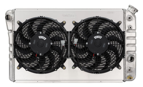 Radiator and Fan Cold Case Radiators, 29 in W x 16.5 in H x 6.75 in D, Dual Fans, Driver Side Inlet, Passenger Side Outlet, Aluminum, Polished, compatible with Chevy Corvette 1984-90, Kit