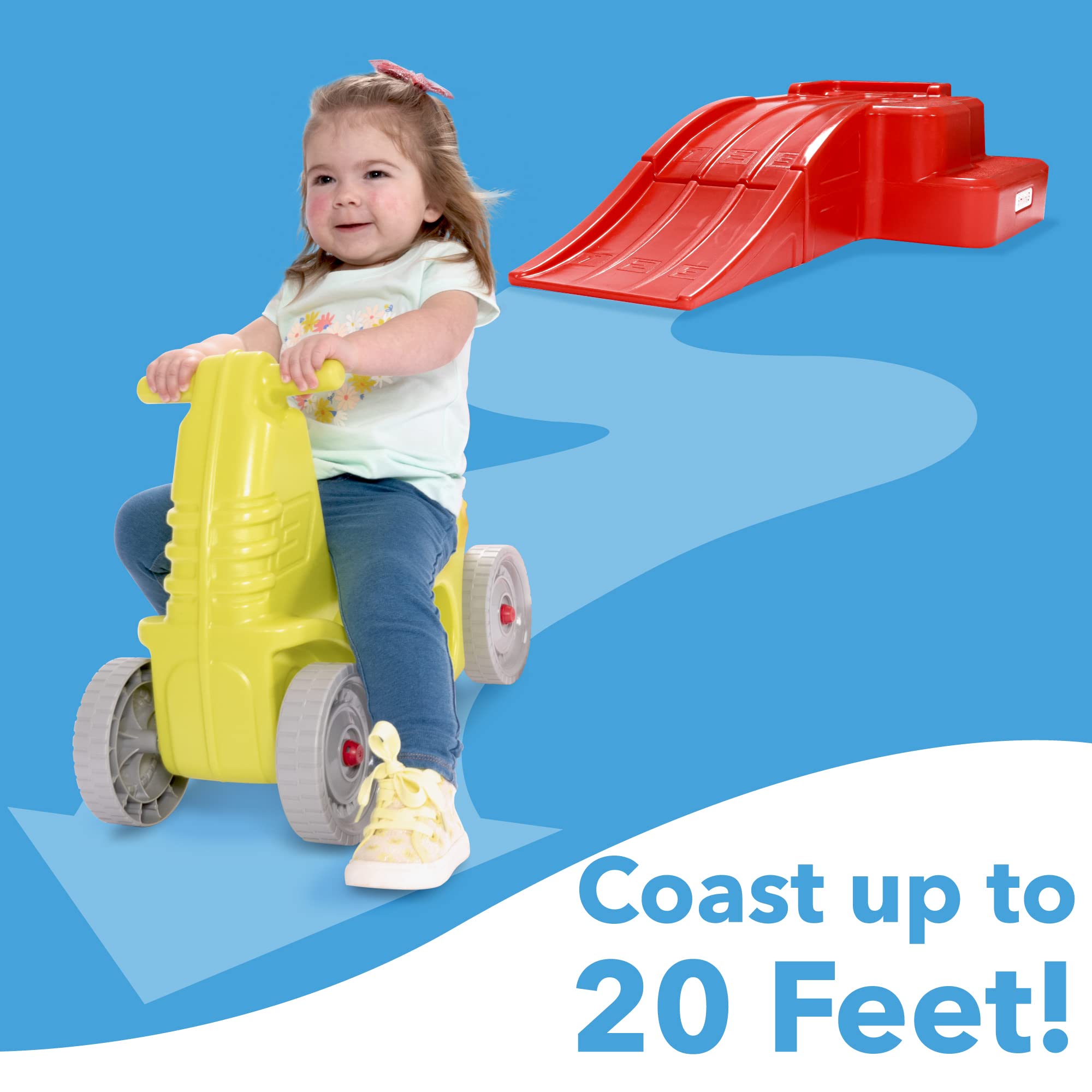 Downhill Thrill Simplay3 Kids Roller Coaster Indoor-Outdoor Ride-on Toy, with Blue Ride-on Car, Coaster Ramp and Clicking Wheels, for Kids Age 2-5 Years, Made in The USA