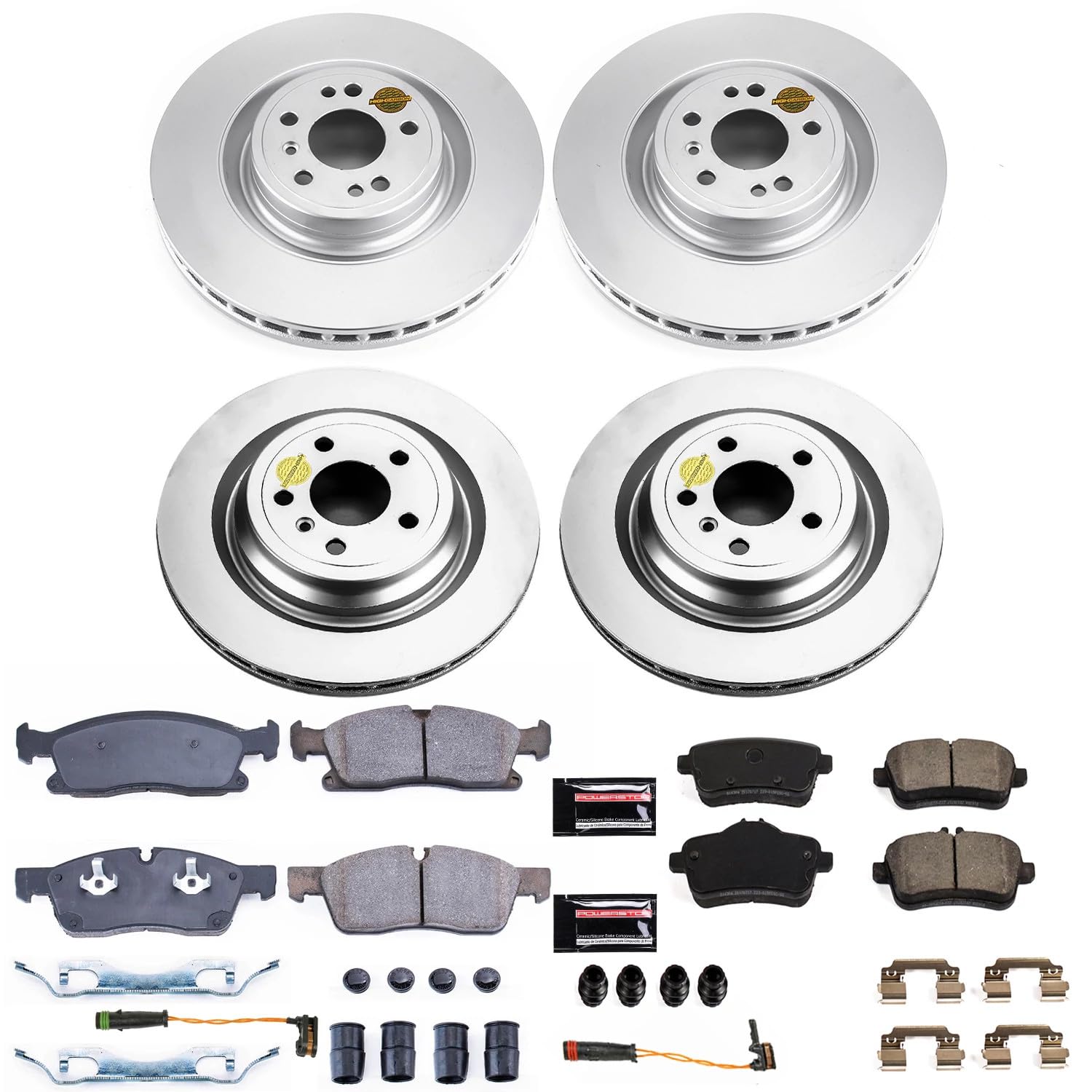 Power Stop CRK7437 Brake Rotor Coated and Ceramic Brake Pads- Front & Rear and 1 Front & 1 Rear Sensor Wires For GLE300d, GLE350, GLE400, GLE, ML, ML350, M [Model Specific]