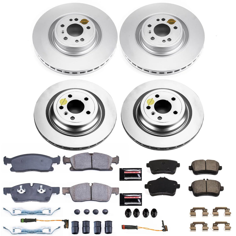 Power Stop CRK7437 Brake Rotor Coated and Ceramic Brake Pads- Front & Rear and 1 Front & 1 Rear Sensor Wires For GLE300d, GLE350, GLE400, GLE, ML, ML350, M [Model Specific]