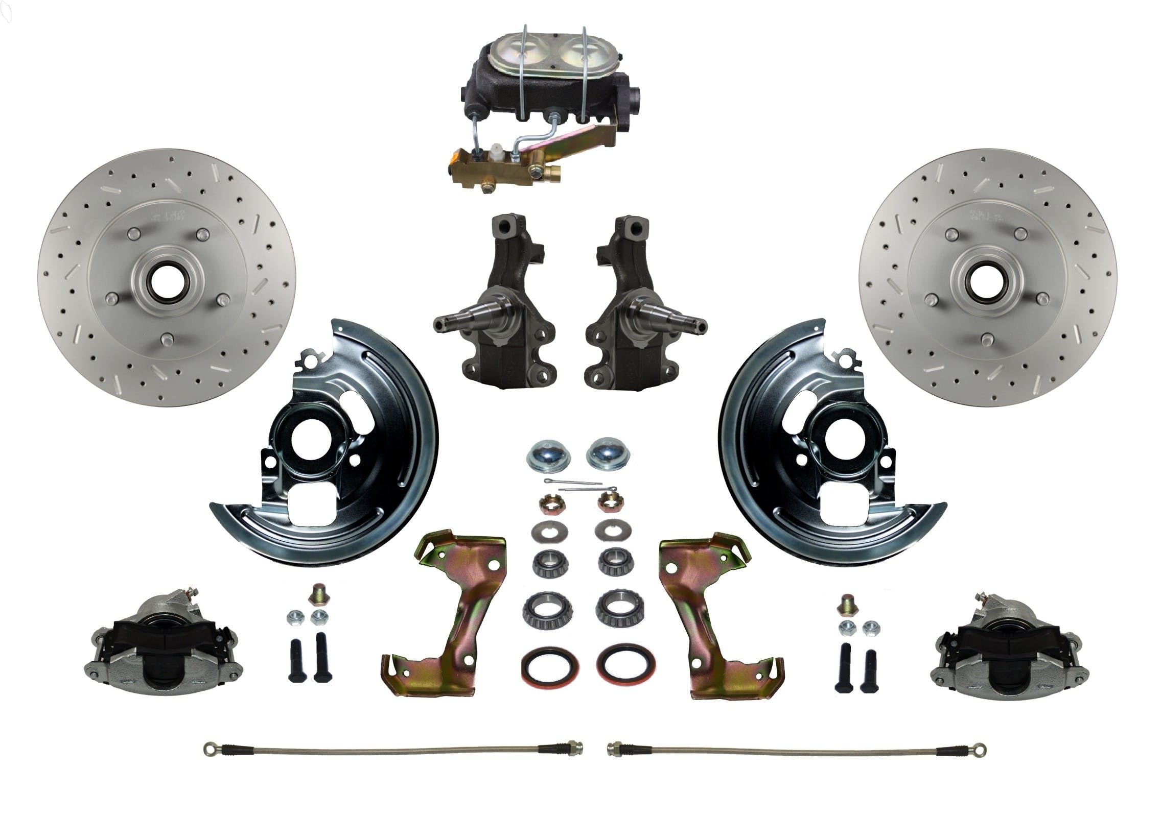 Manual LEED BRAKES Front Disc Brake Conversion 2" Drop Spindle Cross Drilled And Slotted With Cast Iron M/C Disc/Disc Side Mount