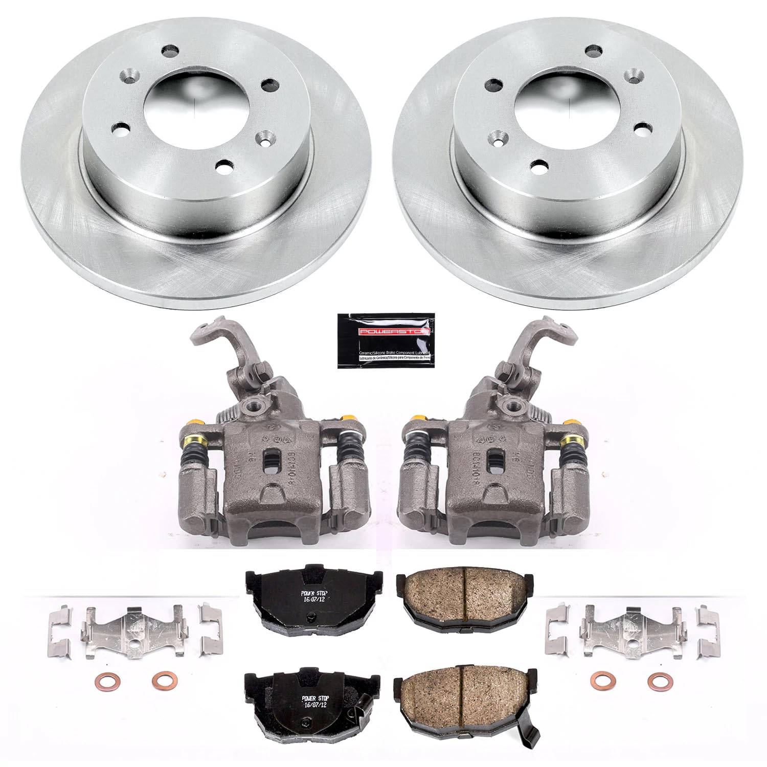 Power Stop KCOE3106 Replacement Autospeciality Rear Caliper Kit- OE Rotors, Ceramic Brake Pads, Calipers For Hyundai Elantra 2001-2005 [Model Specific]