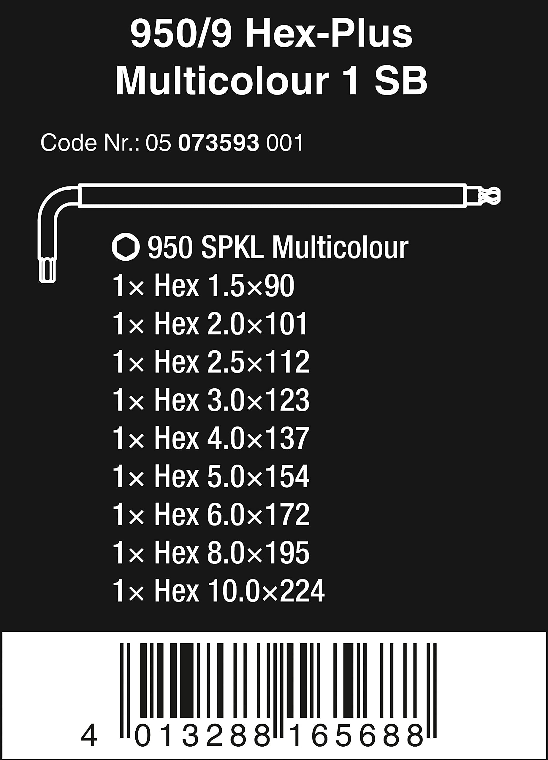 Wera 05073593001 Tools 950 SPKL/9 SM N SB Long ARM HEX Key Set, One Size, Multi