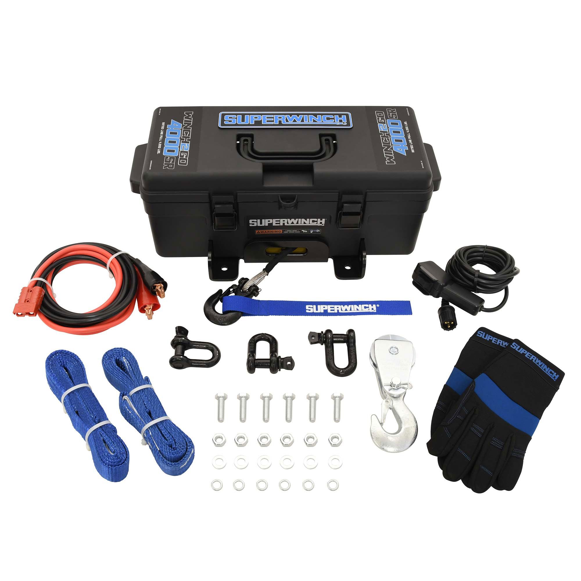 Winch2Go Superwinch 12V DC Electric Portable Utility Winch 4000lb(1814.4kg) Single Line Pull with Steel Mounting Plate Integrated Hawse Fairlead 7/32" x 47' Synthetic Rope Handheld Remote