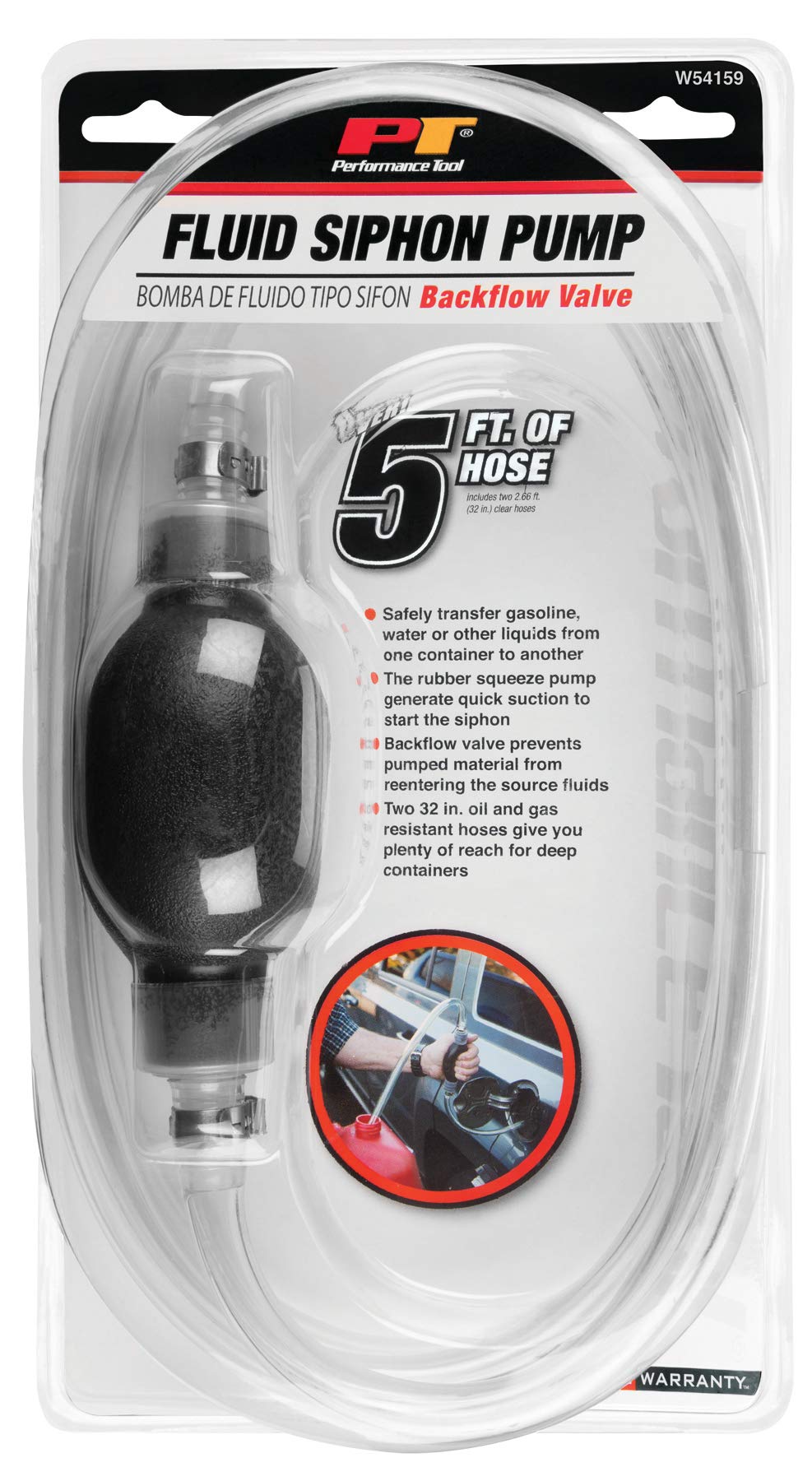 Back Flow Valve Performance Tool W54159 Siphon Pump for Vehicle Engine Oils, Lubricants, and Other Fluids, Black/Clear, 32-inch Hoses