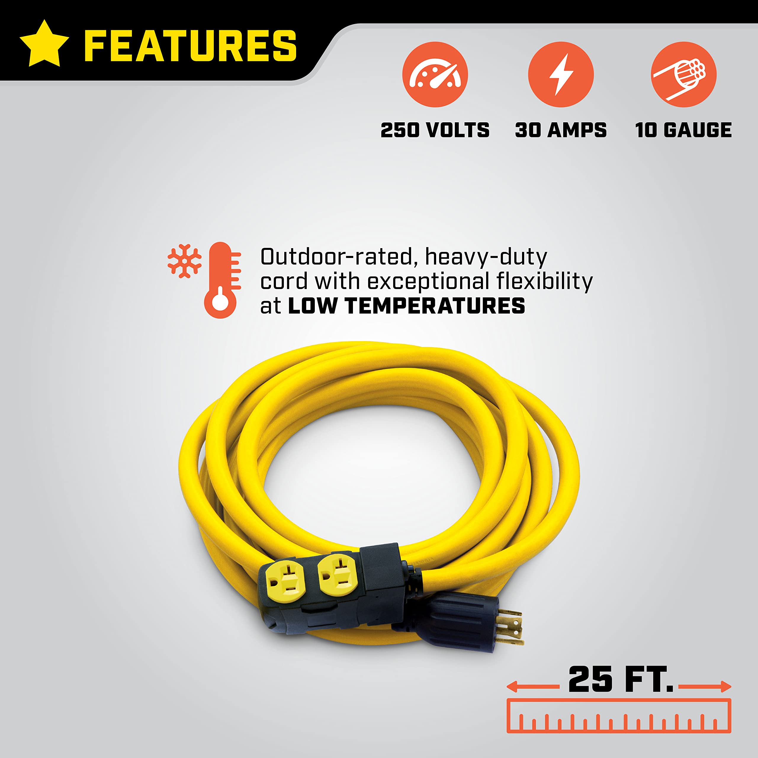 30-Amp Champion Power Equipment 25-Foot 125/250-Volt Duplex-Style Generator Extension Cord with Circuit Breakers (L14-30P to Four 5-20R)