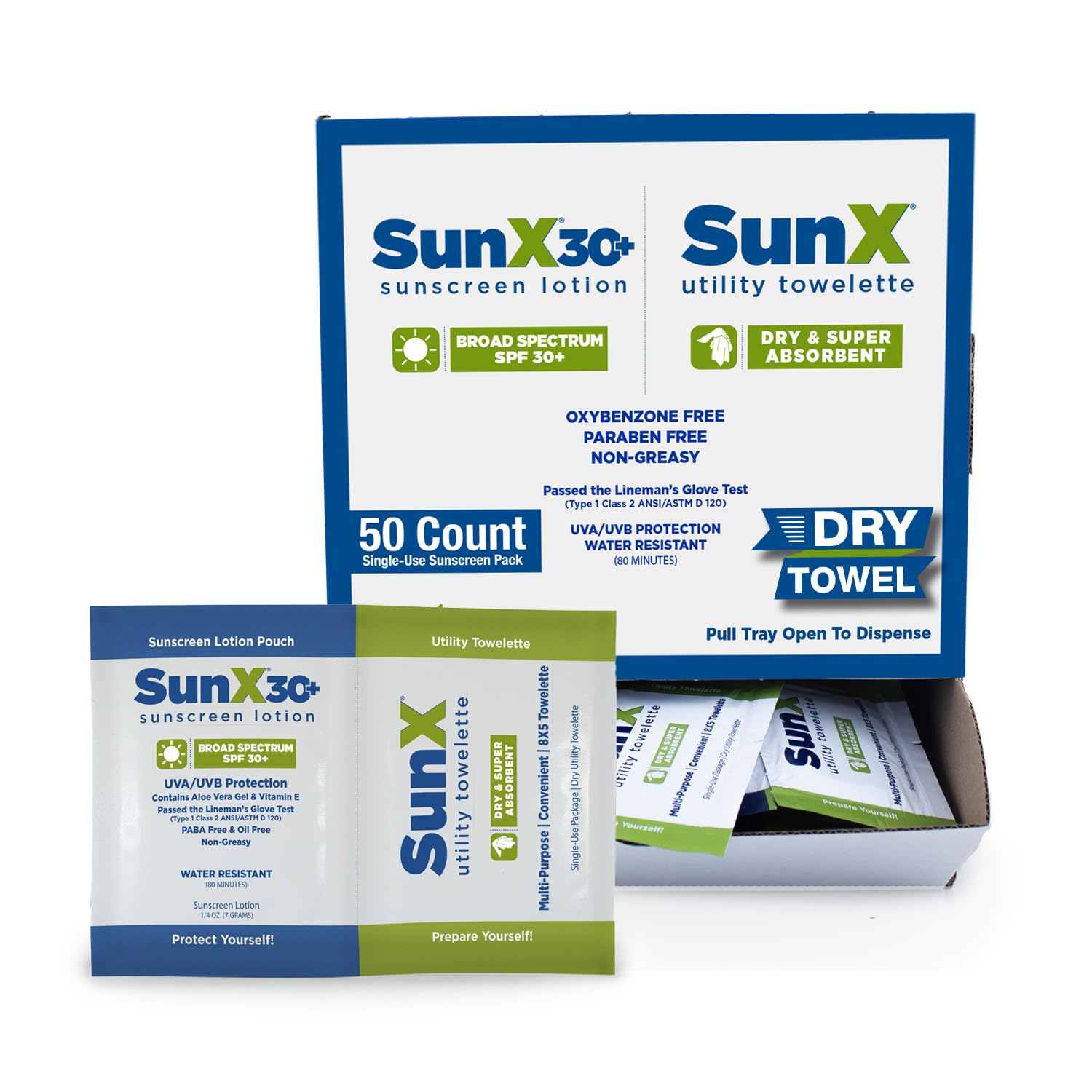 Sun X CoreTex 30+ Broad Spectrum Sunscreen Packets & Dry Towels Duo Kit - Pack of 50 Paraben, Oxybenzone, Octinoxate, & Oil Free Sunscreen - No White Cast and Water Resistant Up to 80 Minutes