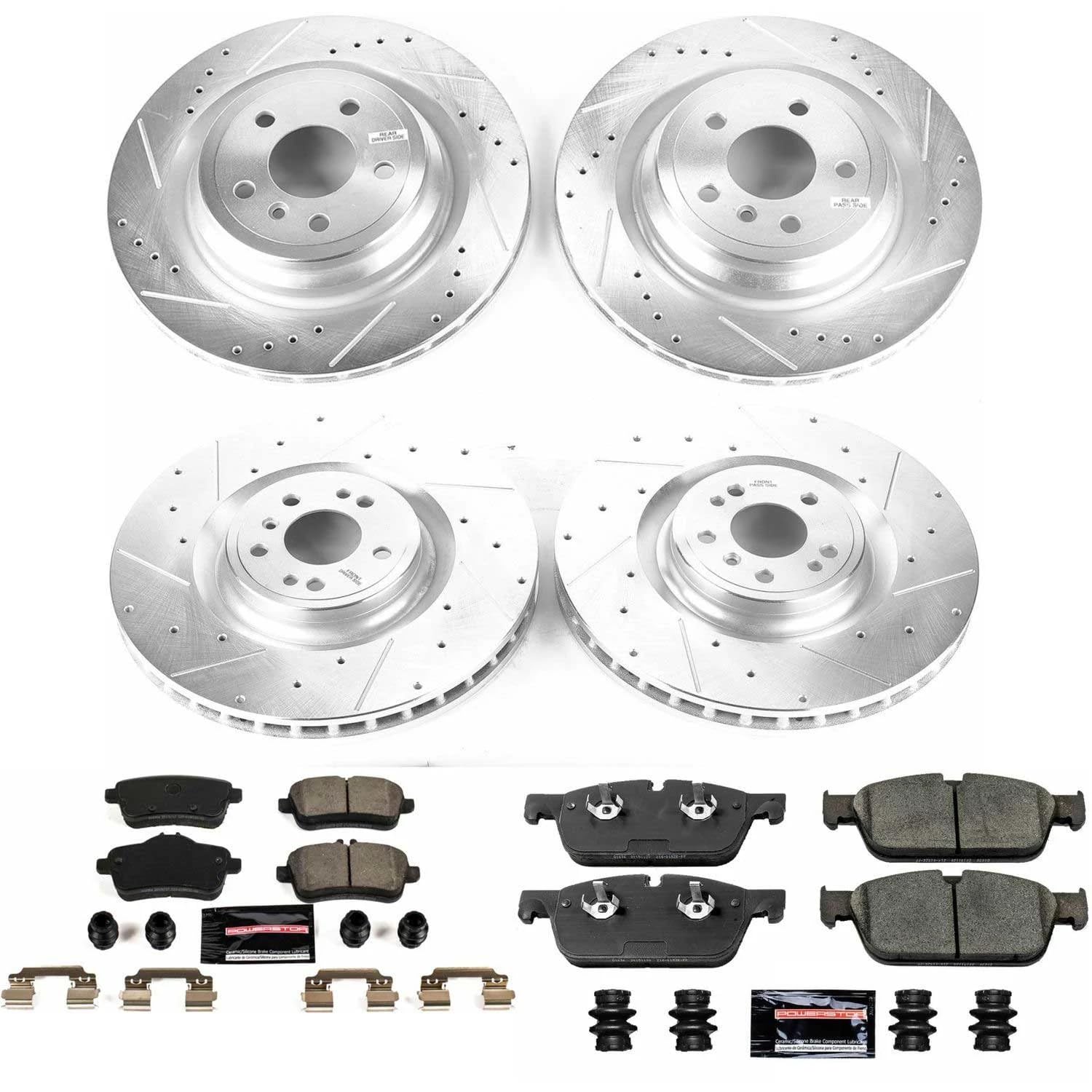 Power Stop K7442 Z23 Carbon Fiber Brake Pads Front and Rear with Drilled & Slotted Brake Rotors Kit For Mercedes-Benz GLE450 AMG 2016 [Model Specific]