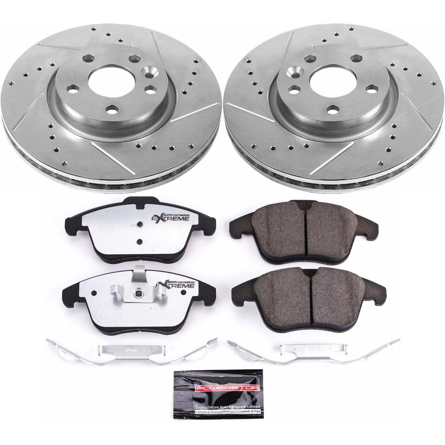 Power Stop Front Brake Kit For 2015 2016 2017 2018 Volvo S80 2015 2016 S60 Volvo - Truck & Tow Carbon Fiber Ceramic Brake Pads & Drilled and Slotted Rotors Replacement, K4700-36