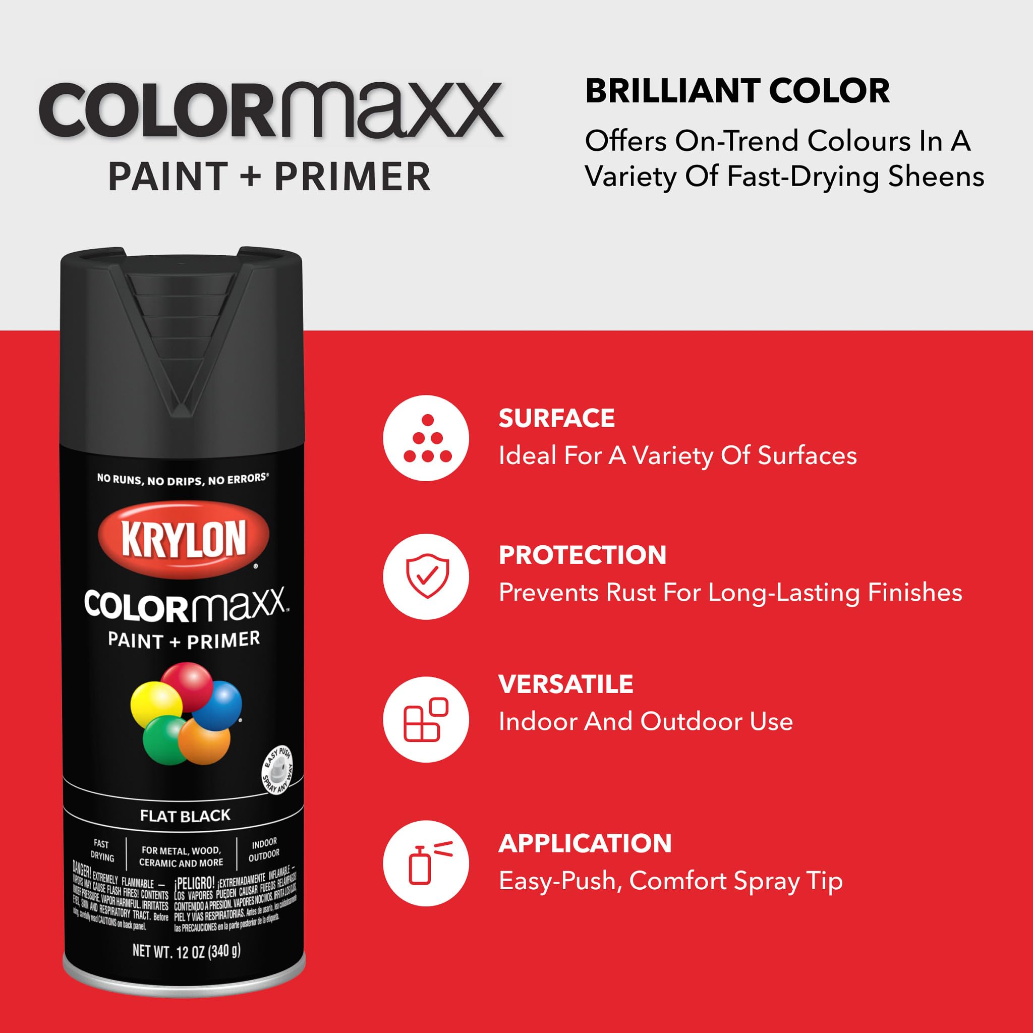 Krylon COLORmaxx K05546007 Spray Paint and Primer for Indoor/Outdoor Use, Flat Black, 12 Ounce (Pack of 1)