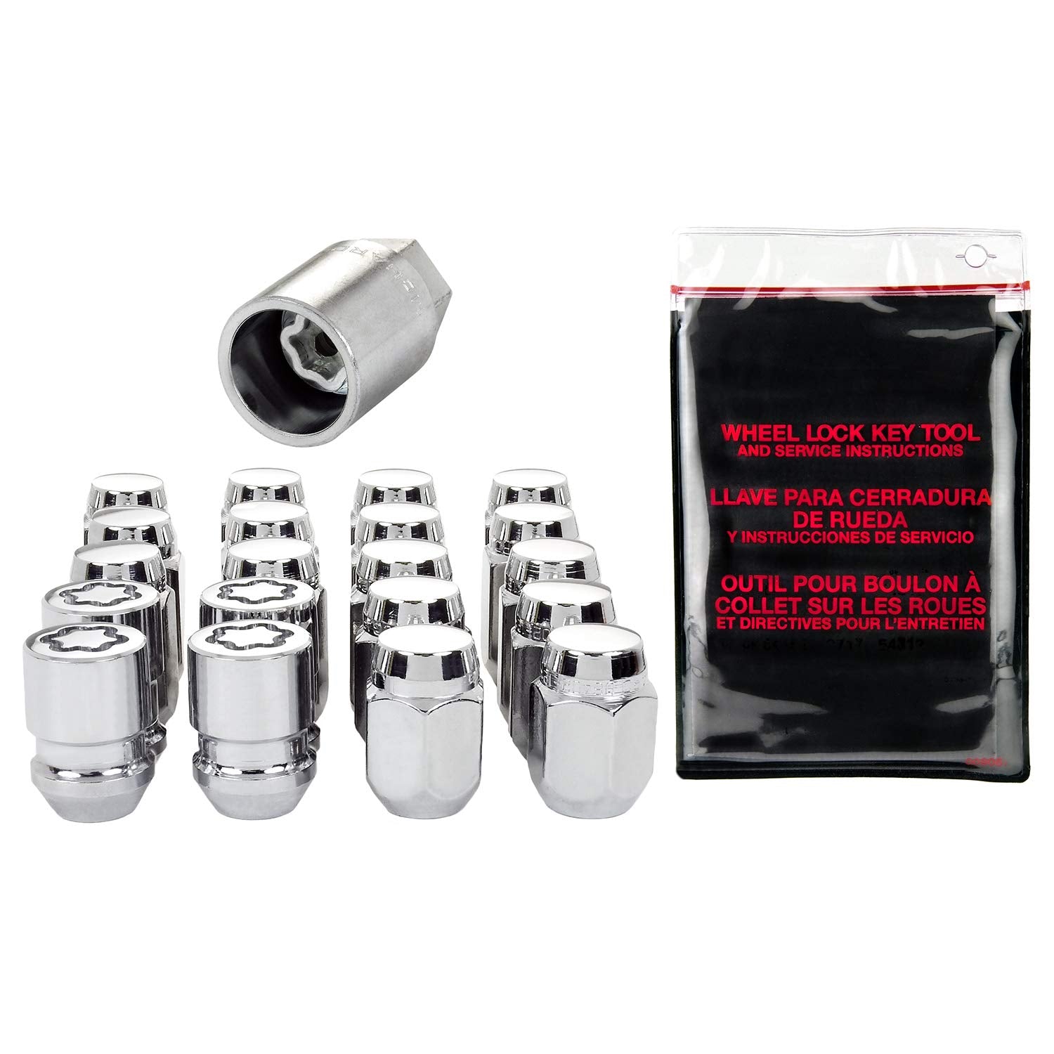 Chrome Cone Seat McGard 84454 Wheel Installation Kit (M12 x 1.25 Thread Size) - for 4 Lug Wheels, 12 Lug Nuts / 4 Locks / 1 Key / 1 Storage Pouch