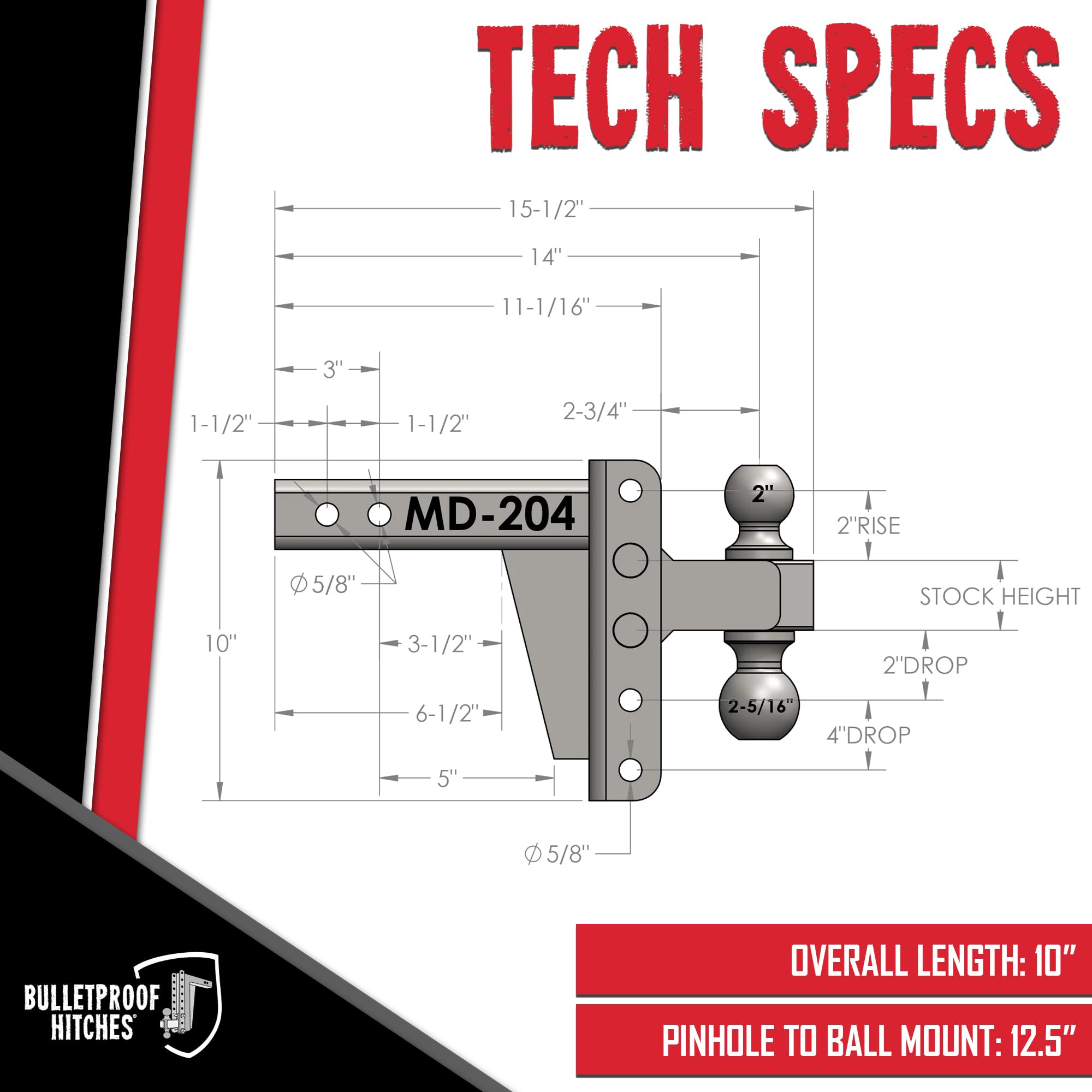 2.0" BulletProof Hitches Adjustable Medium Duty Trailer Hitch (14,000 lb. Rating) - 4" Drop/Rise Trailer Hitch with 2" & 2-5/16" Dual Ball - Powder Coat, Box Steel, Corrosion-Resistant