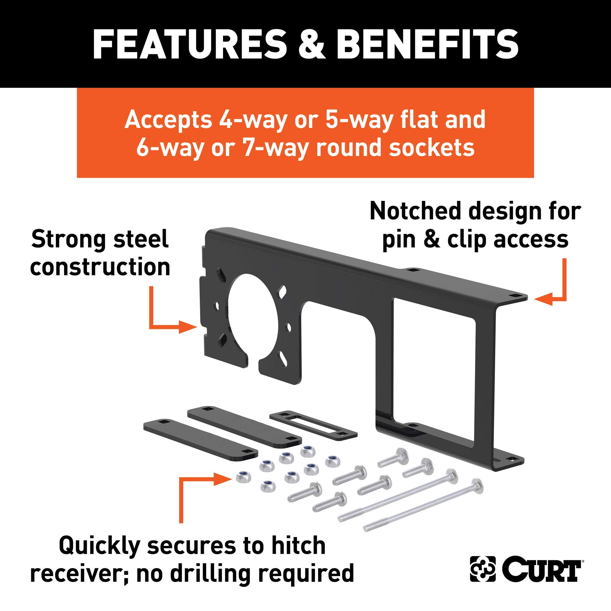 CURT Easy-Mount Vehicle Trailer Wiring Connector Mounting Bracket for 4 or 5-Way Flat, 2-1/2-Inch Receiver, 6 or 7-Way Round