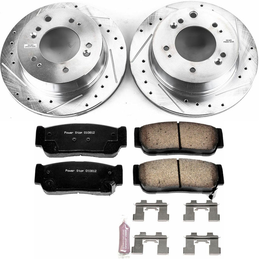 Power Stop K5910 Rear Brake Pads Z23 Carbon Fiber with Drilled & Slotted Brake Rotors Kit For Kia Sorento 2007-2009 [Model Specific]