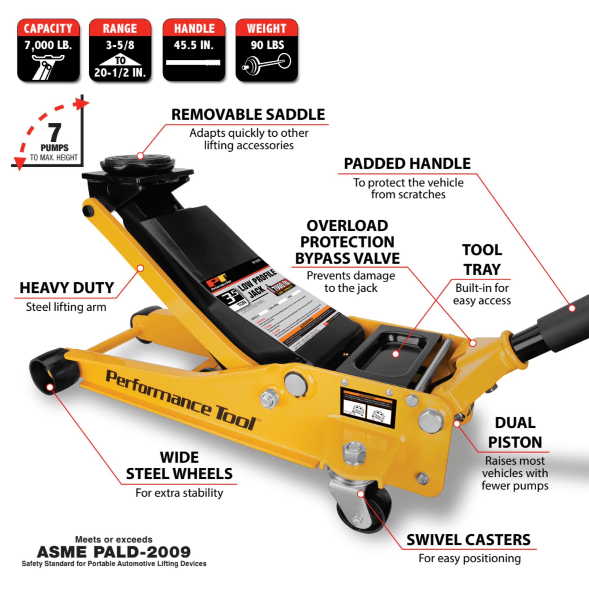 W1645 Performance Tool Low-Profile Professional Swiveling Floor Jack, 3.5-Ton Capacity, Lift Range 3-1/2-Inch to 20-1/2-Inch