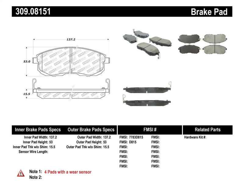 Sport Brake Pads StopTech 309.08151 with Shims and Hardware