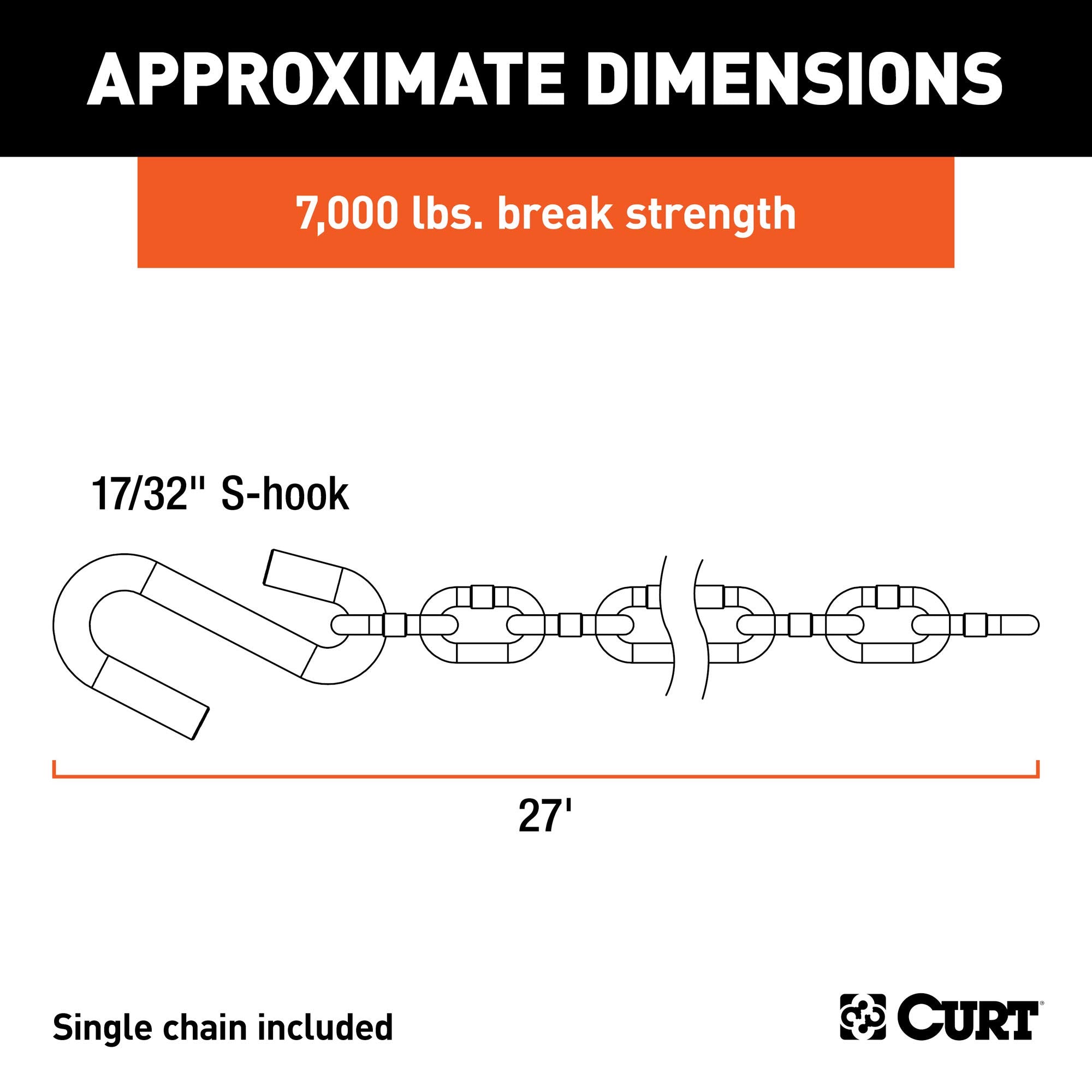 27-Inch CURT Trailer Safety Chain with 17/32-In S-Hook, 7,000 lbs Break Strength