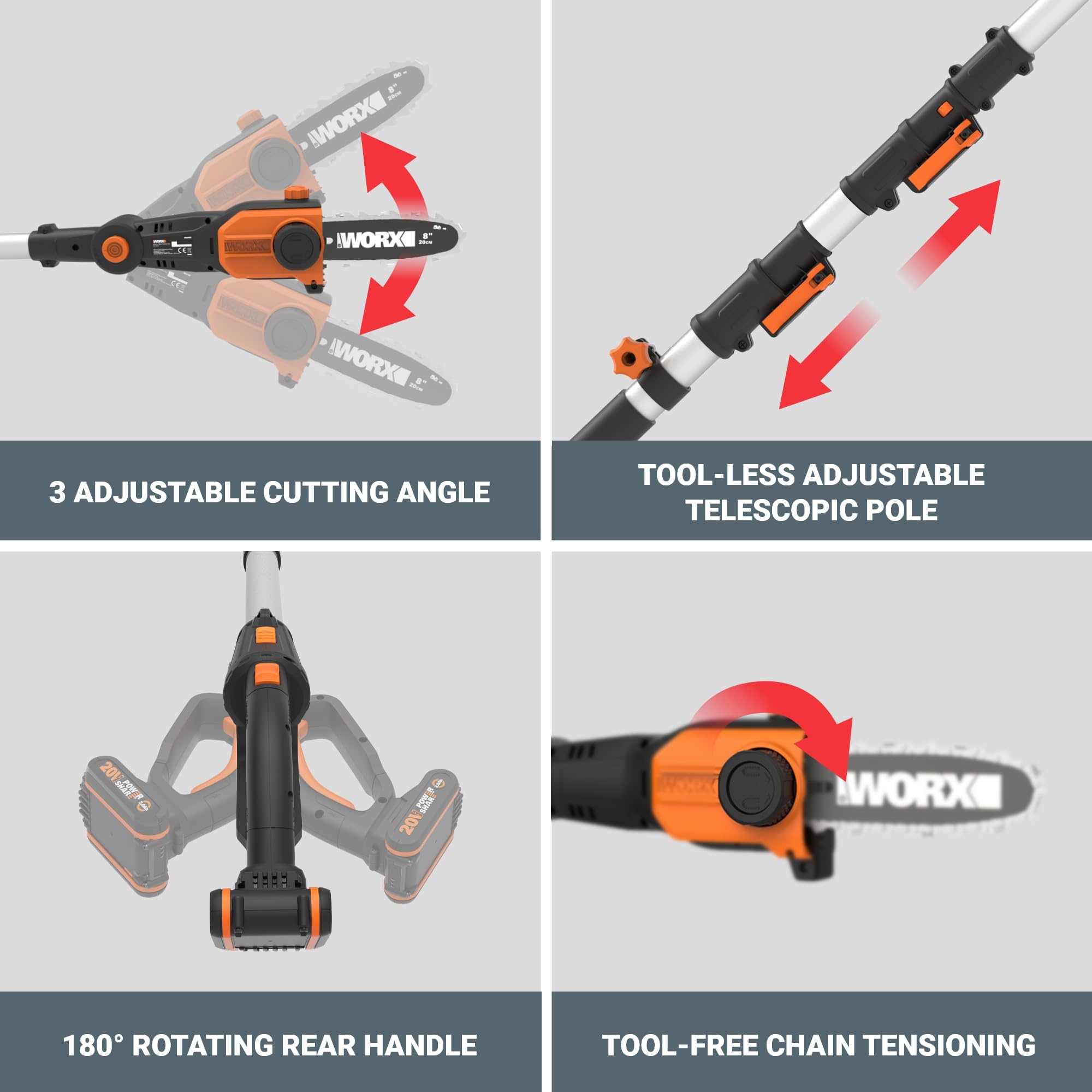 20V Worx Nitro 8 '' cordless pole chainsaw 2.0 Ah battery and charger included WG349
